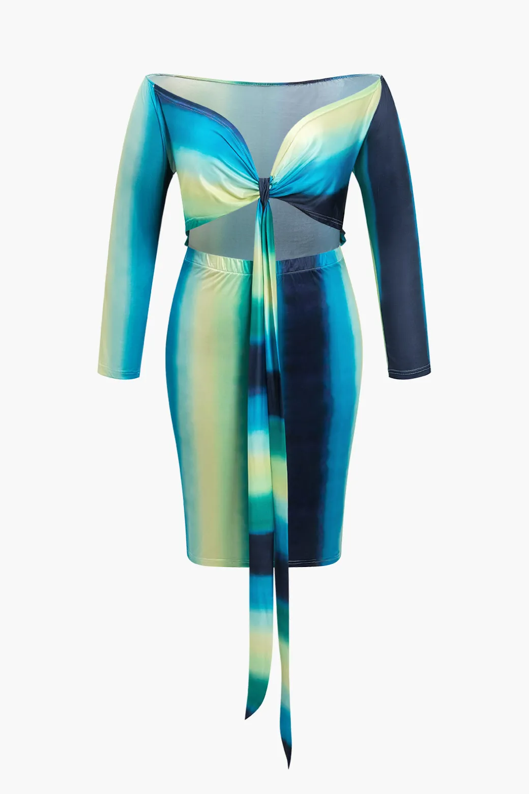 Fashion Plus Size Ombre Tie Front Midi Dress Long Sleeve Dresses