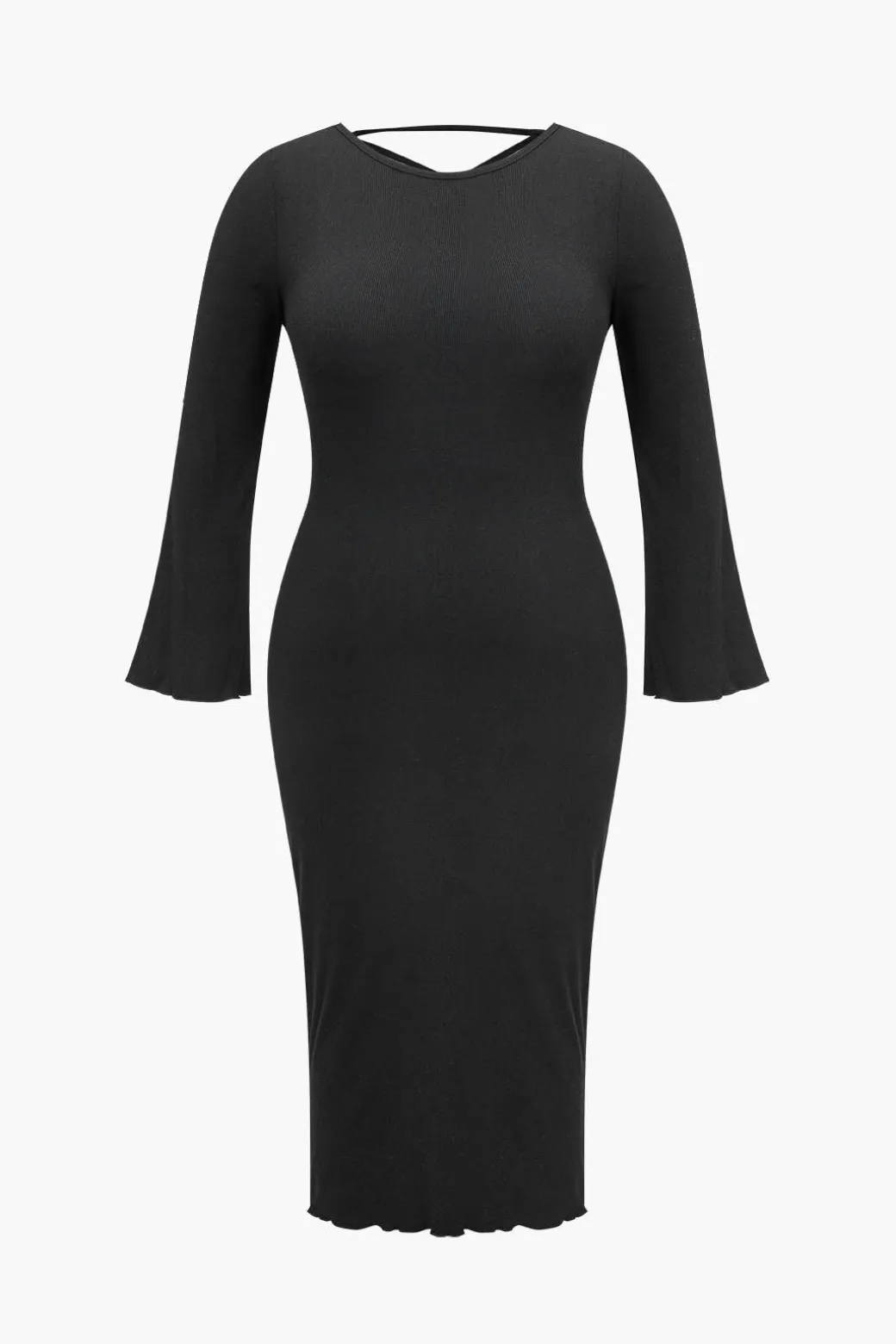 Hot Plus Size Solid Knit Backless Tie Back Midi Dress Long Sleeve Dresses