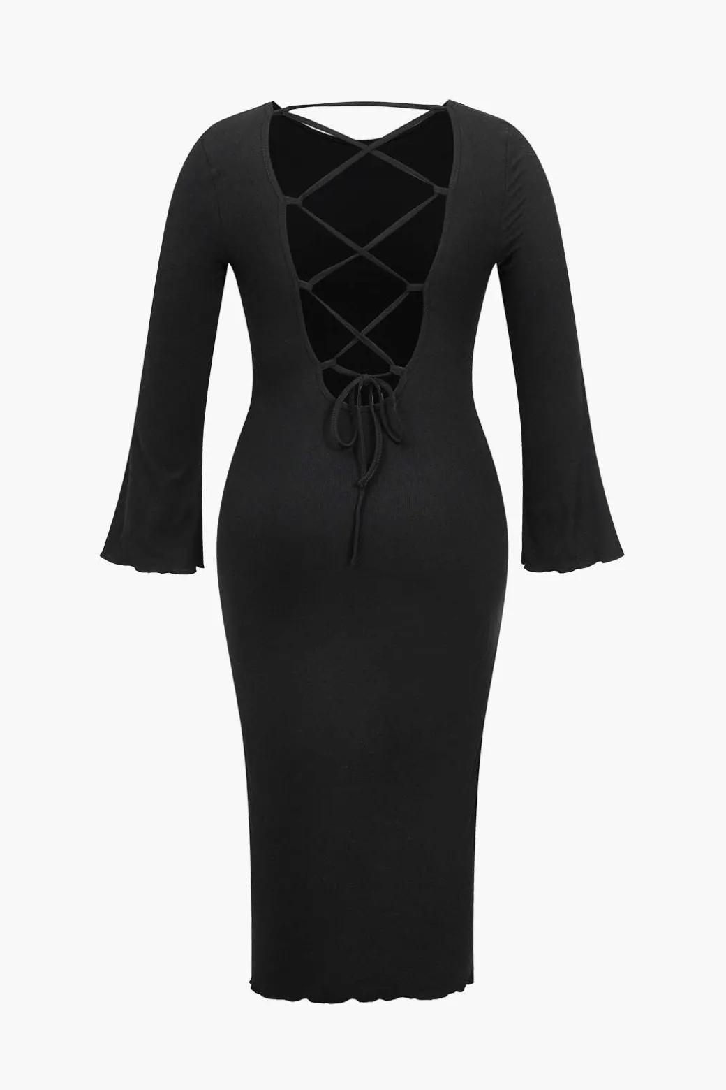 Hot Plus Size Solid Knit Backless Tie Back Midi Dress Long Sleeve Dresses