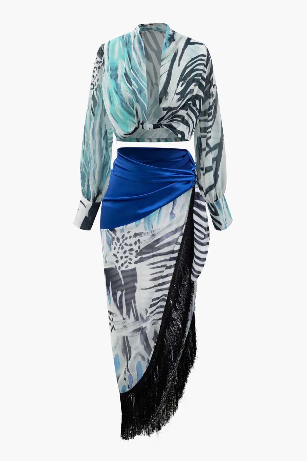 Discount Printed Lantern Sleeve Twist Hem Shirt And Asymmetric Fringe Skirt Set Skirt Sets | Vacation Sets