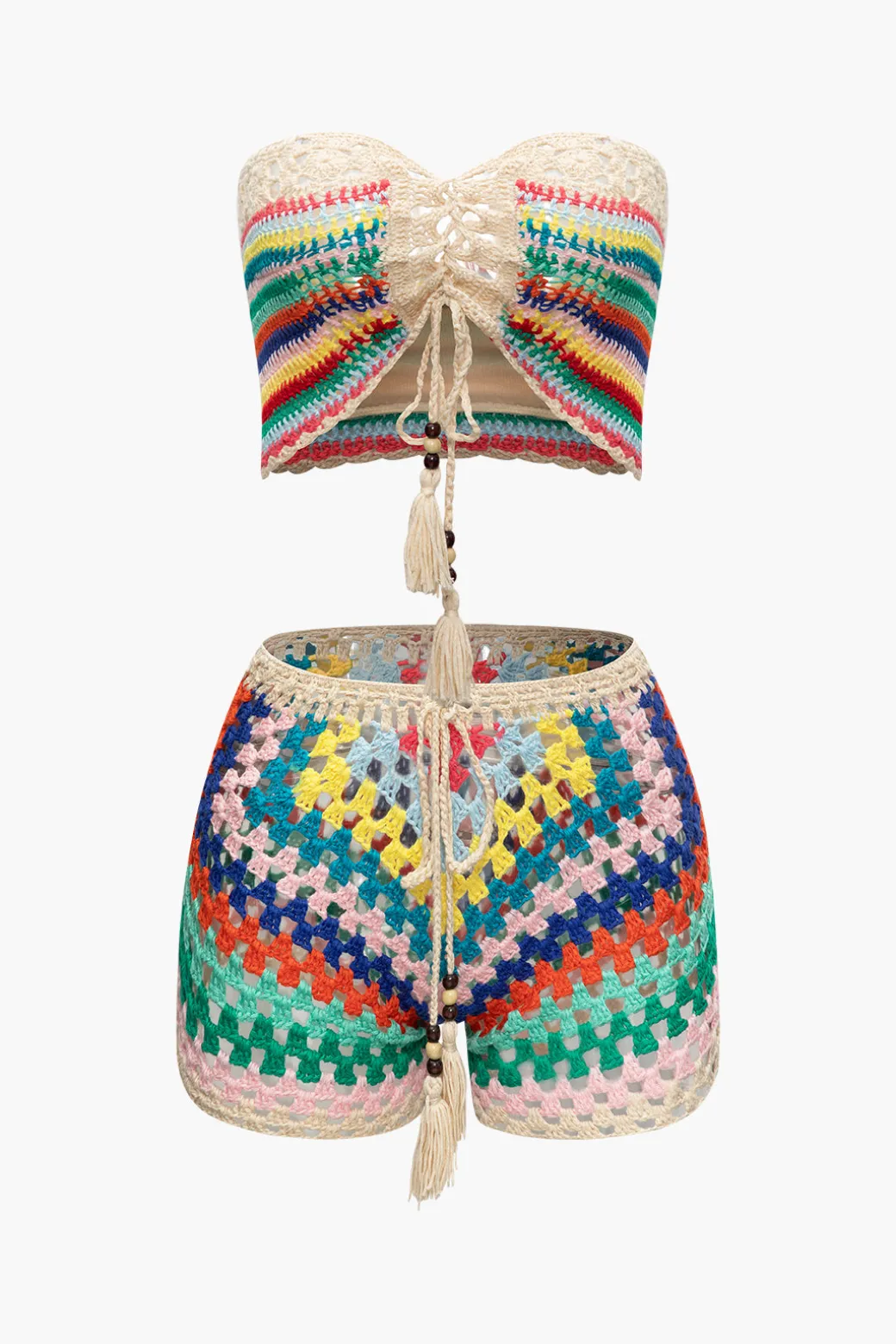 Shop Rainbow Crochet Tie Front Tube Top And Shorts Set Knitwear | Vacation Sets