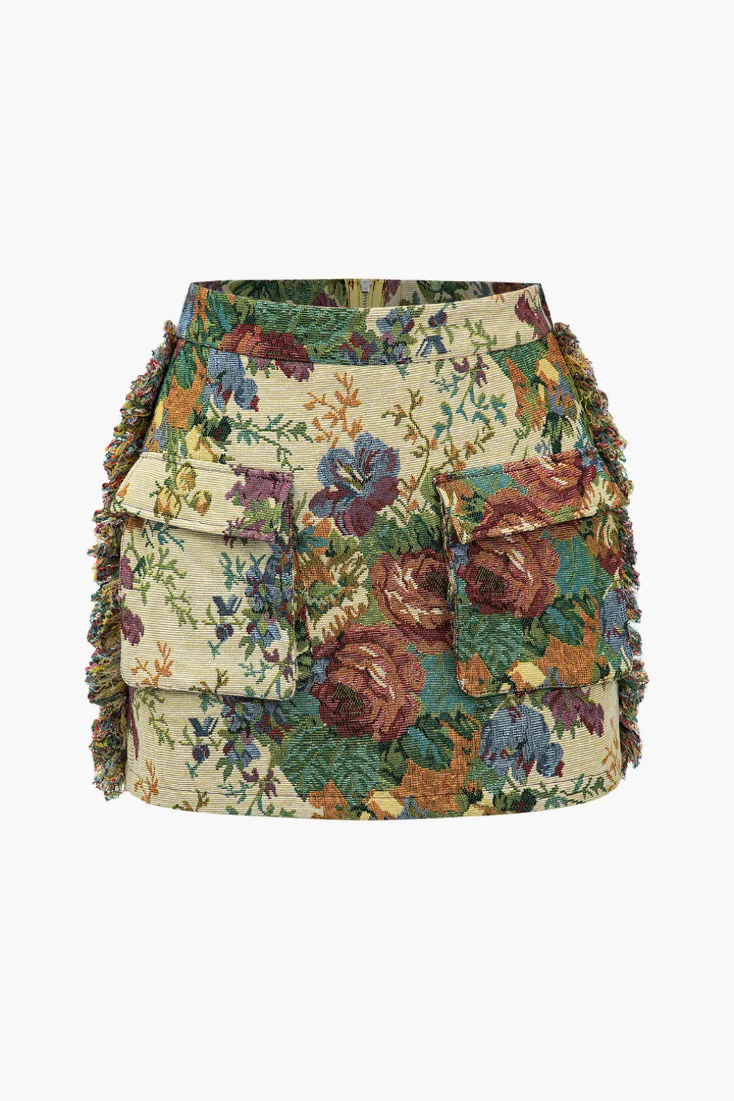 New Retro Floral Print Fringe Zipper Mini Skirt Skirts