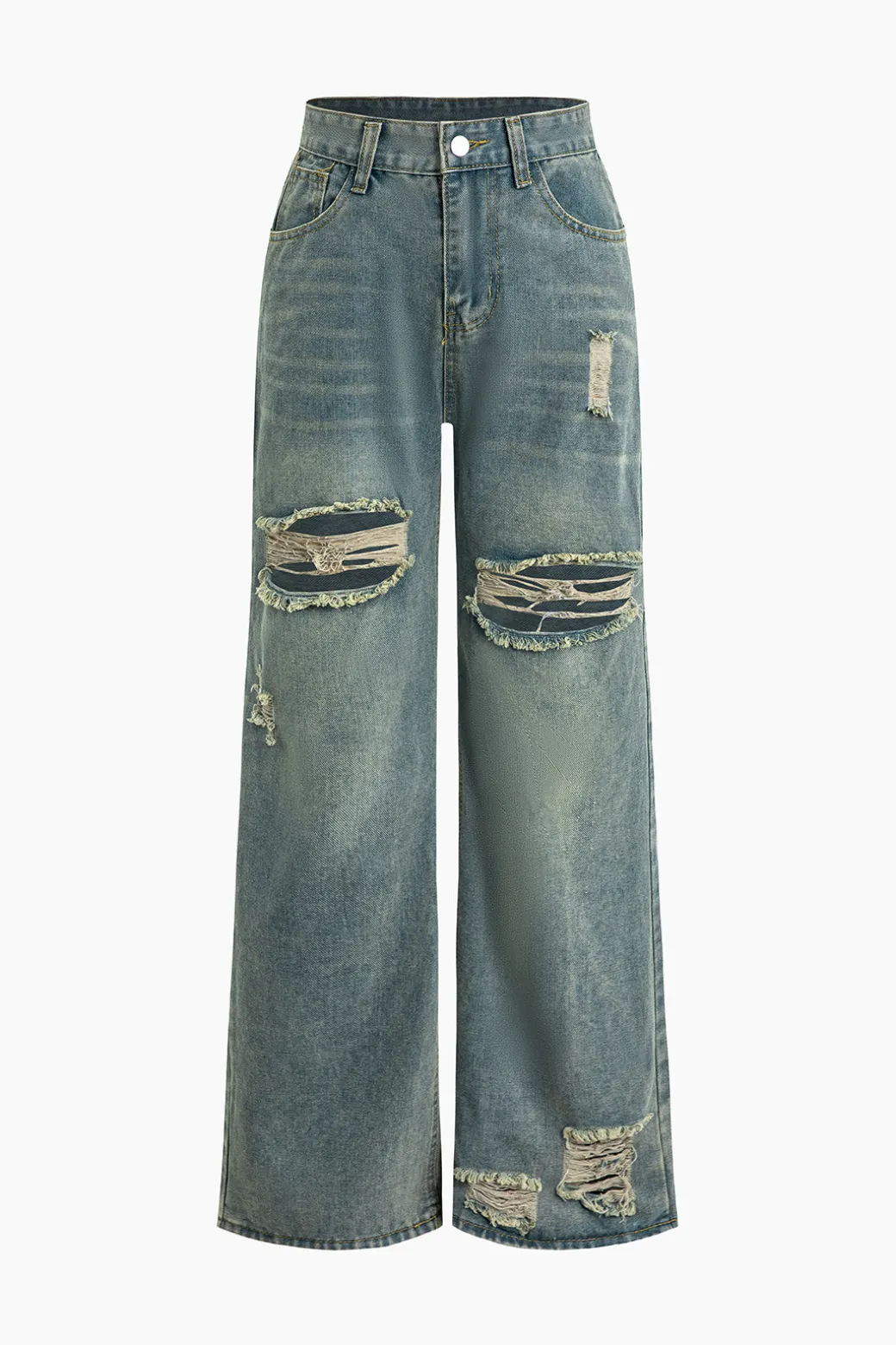 Fashion Retro Print Washed Ripped Asymmetrical Jeans Jeans