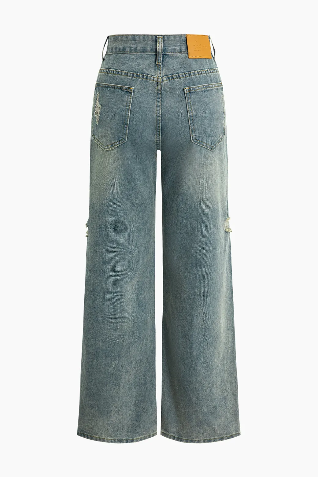 Fashion Retro Print Washed Ripped Asymmetrical Jeans Jeans