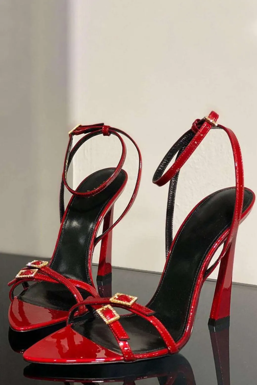 Online Rhinestone Embellished Artificial Patent Leather Cross Strap Open Toe High Heels Shoes | Shoes