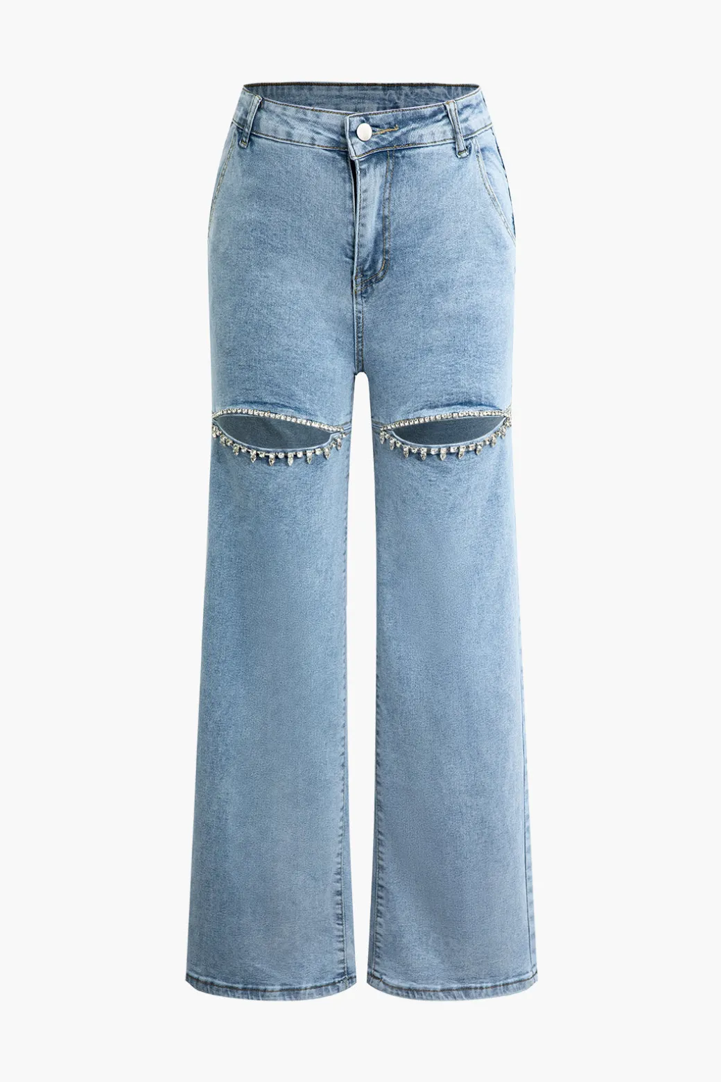 Cheap Rhinestone Embellished Cut Out Straight Leg Jeans Pants