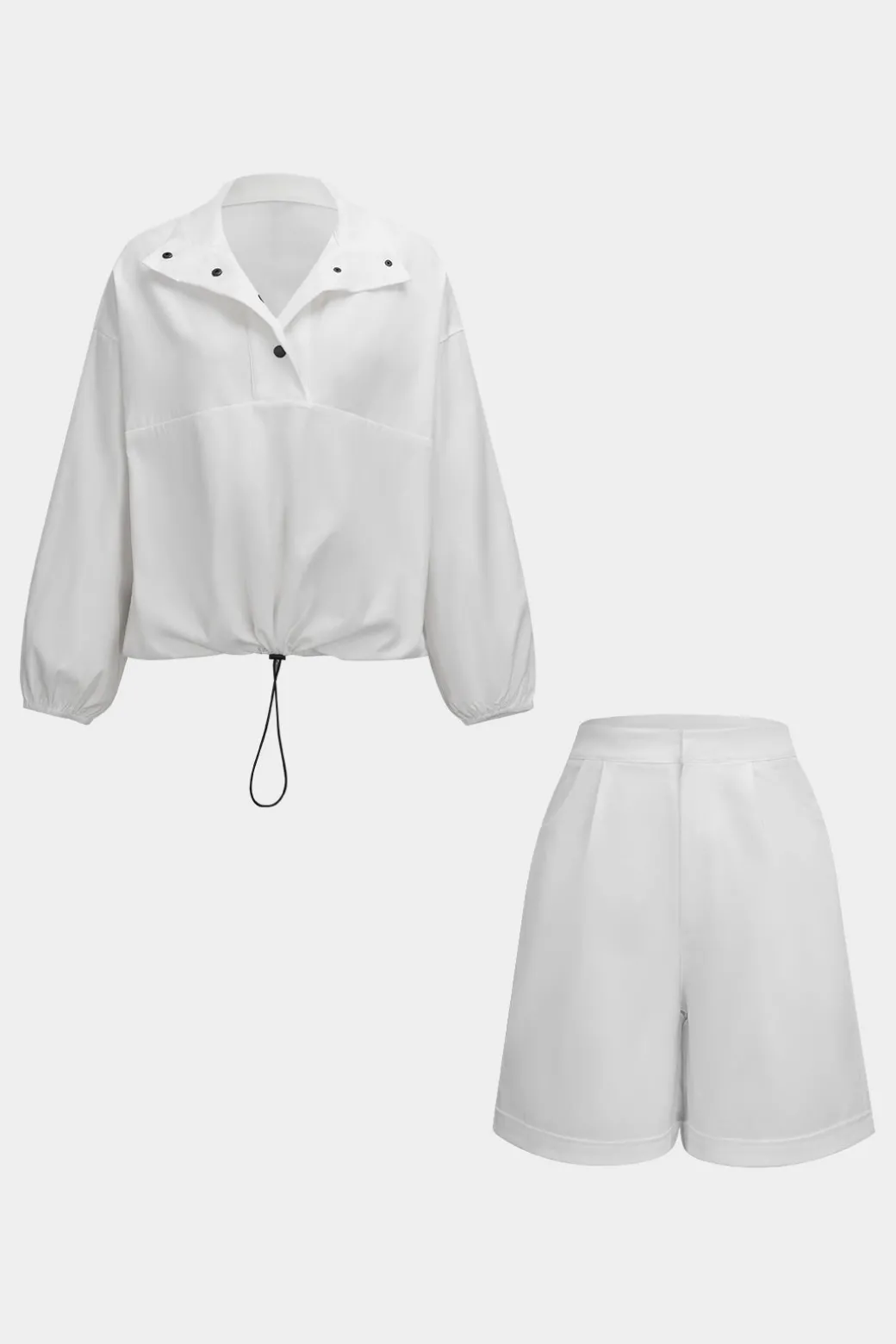 Clearance Ruched Drawstring Button Long-Sleeve Top And Shorts Set Short Sets