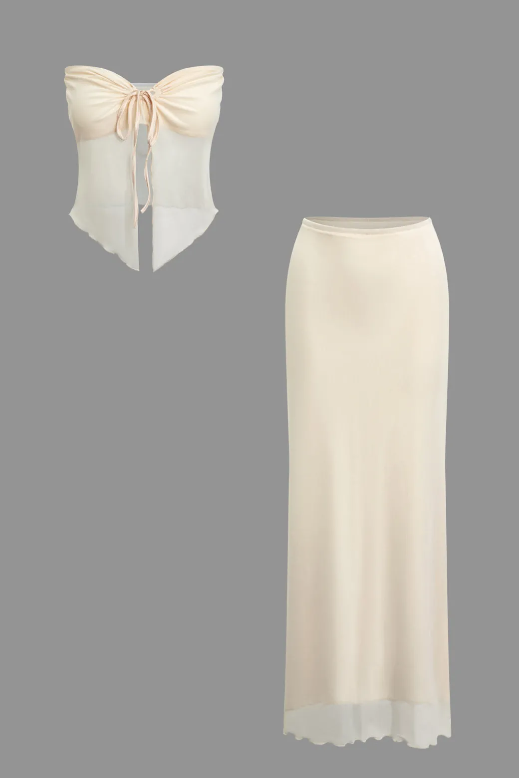 Fashion Ruched Sleeveless Double-Layered Mesh Split Strapless Top And Maxi Skirt Set Skirt Sets | Vacation Sets