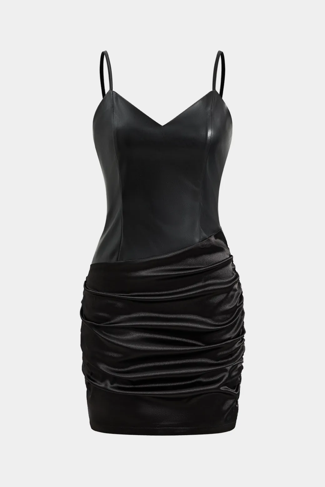 Online Satin Faux Leather Patchwork Ruched Slip Mini Dress Mini Dresses