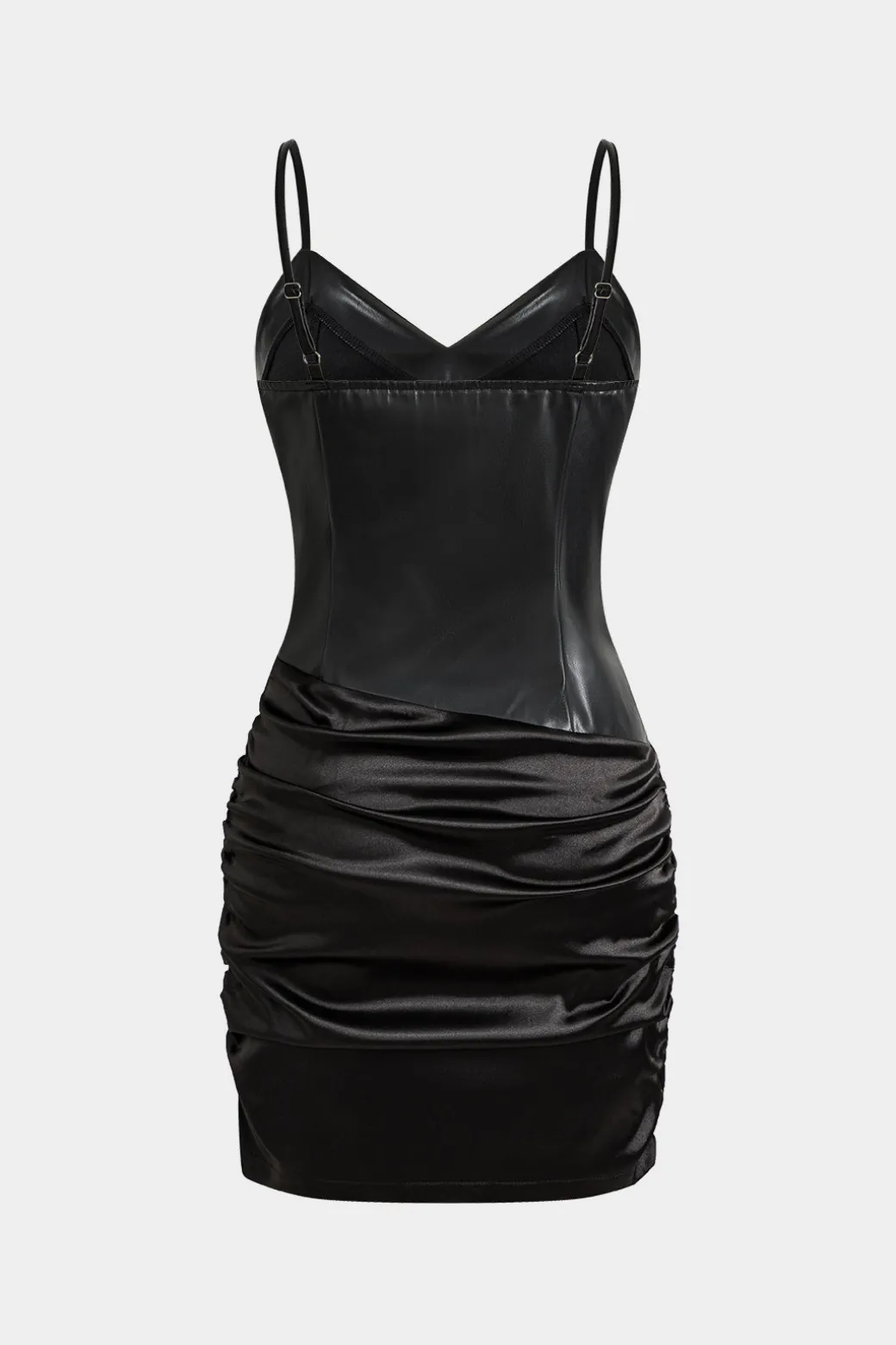 Online Satin Faux Leather Patchwork Ruched Slip Mini Dress Mini Dresses