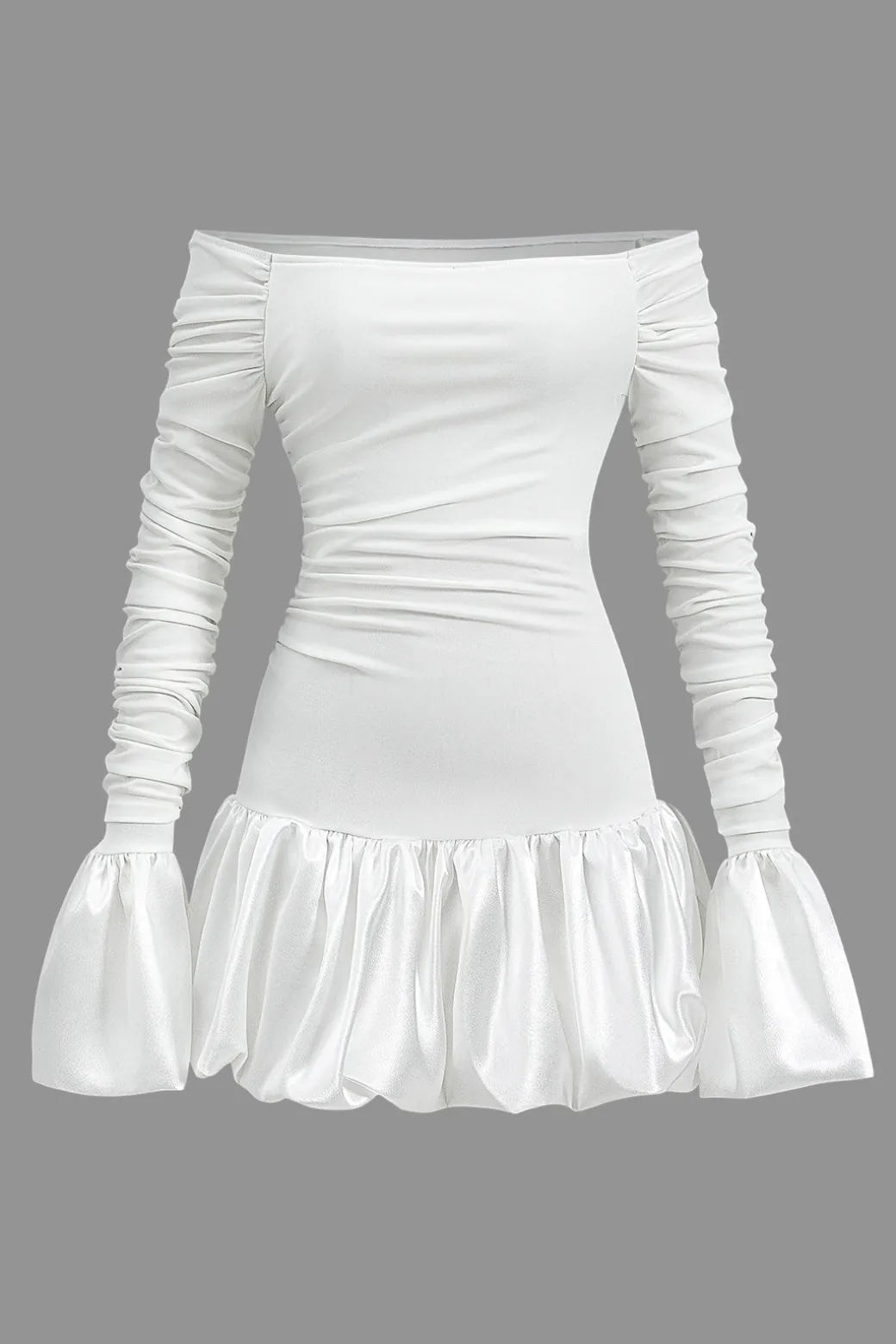 Cheap Satin Off Shoulder Puff Sleeve Patchwork Ruched Mini Dress Long Sleeve Dresses | Mini Dresses