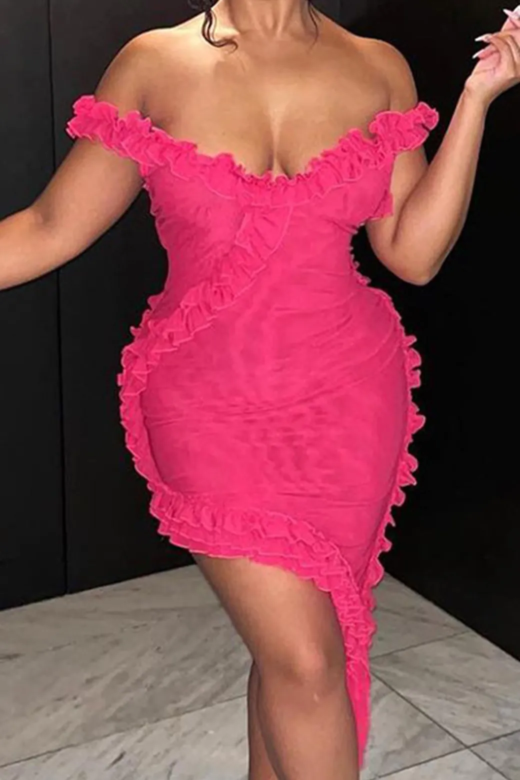 Hot Sheer Mesh Ruffle Trim Asymmetrical Cross Backless Mini Dress Mini Dresses
