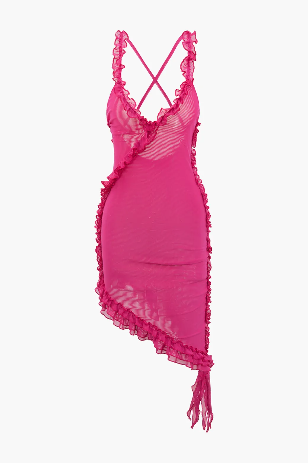 Hot Sheer Mesh Ruffle Trim Asymmetrical Cross Backless Mini Dress Mini Dresses