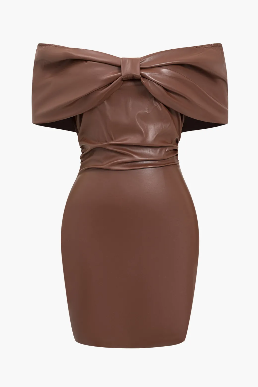 Fashion Solid Bow Faux Leather Off Shoulder Mini Dress Mini Dresses