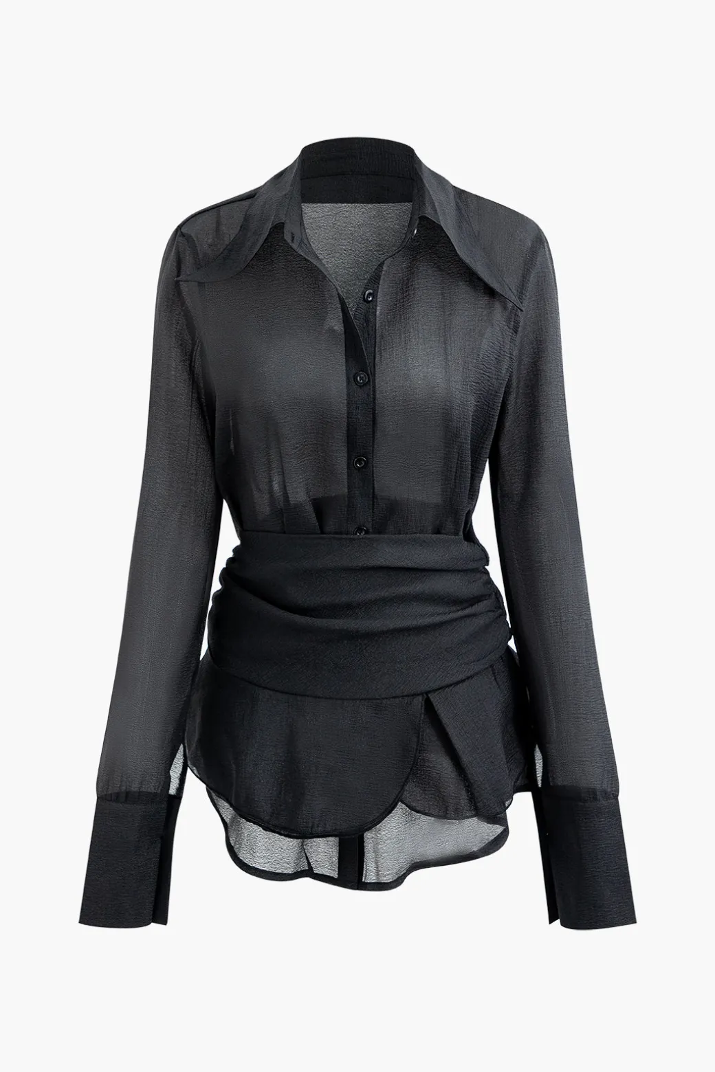Flash Sale Solid Button Up Long Sleeve Shirt And Ruffle Hem Mini Skirt Set Long Sleeve Tops | Long Sleeves Tops