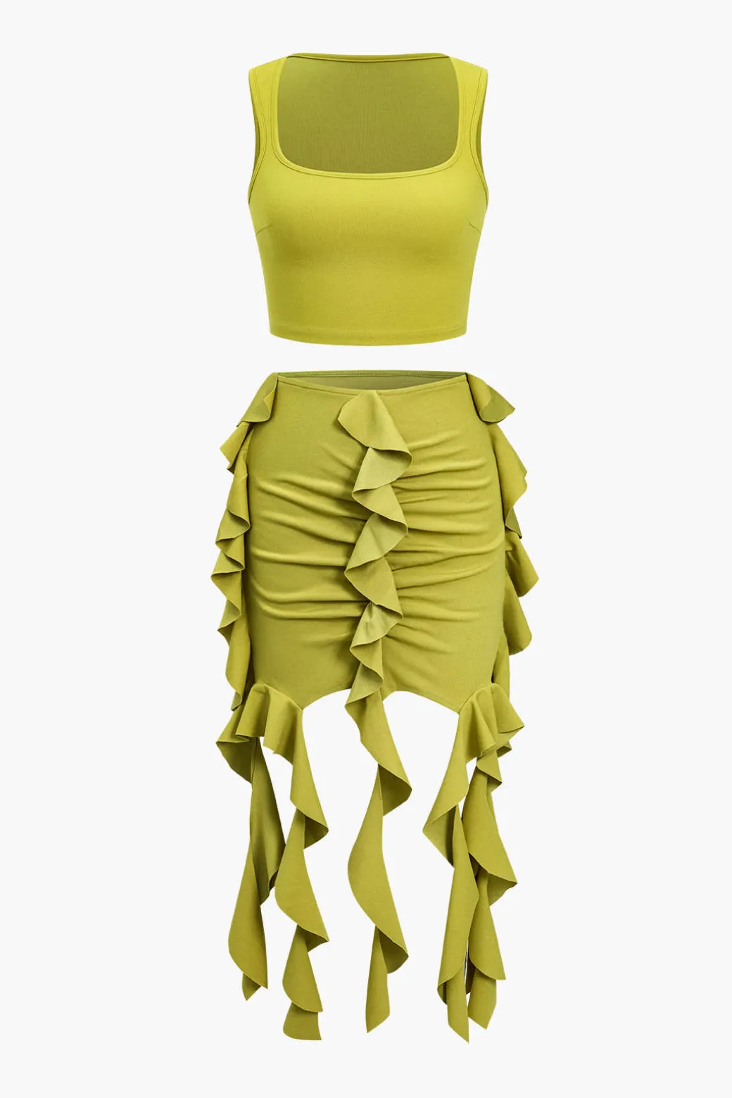 Hot Solid Crop Tank Top And Ruffle Skirt Set Skirt Sets