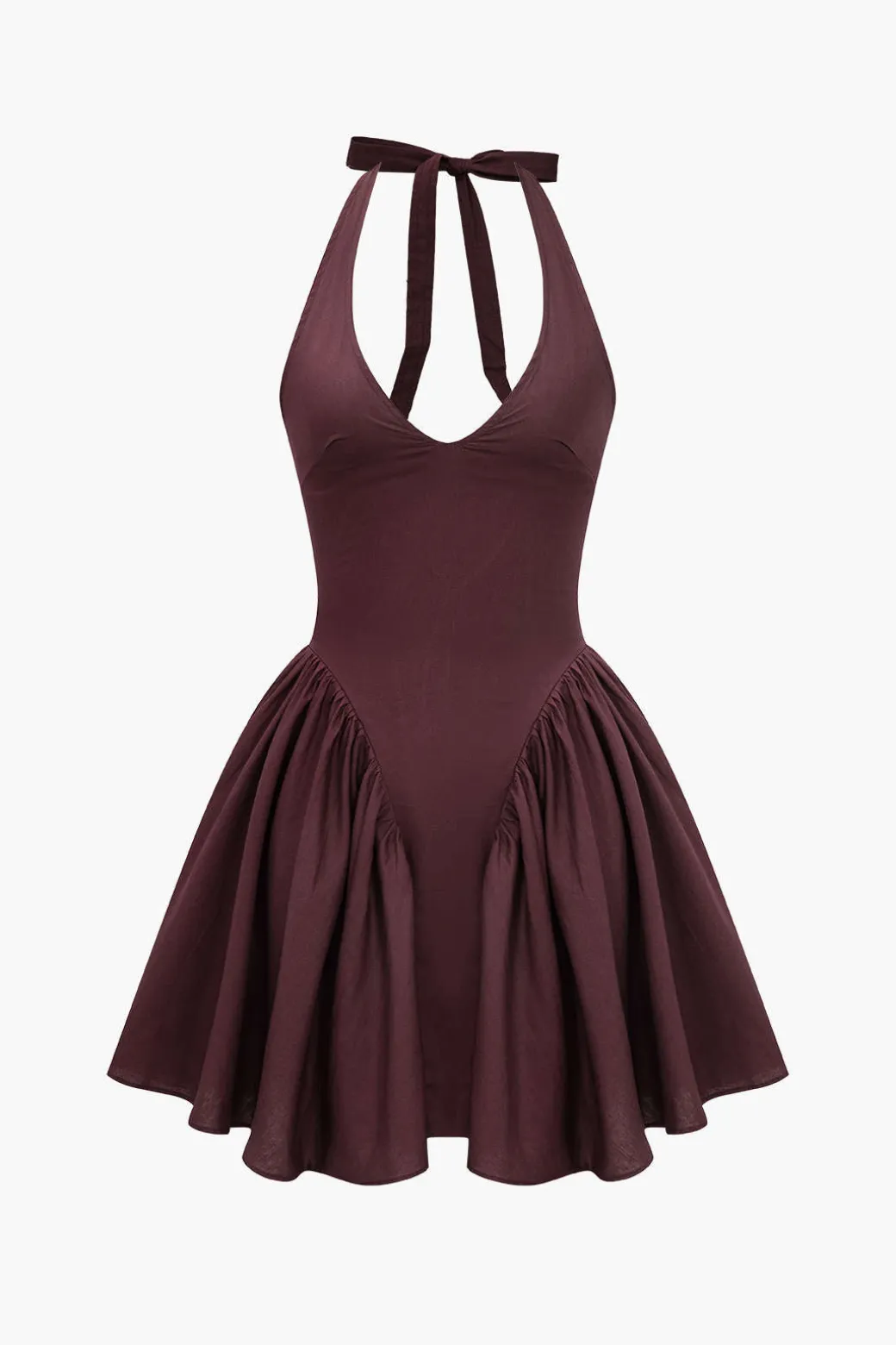 Discount Solid Halter V-neck Ruched Mini Dress Mini Dresses
