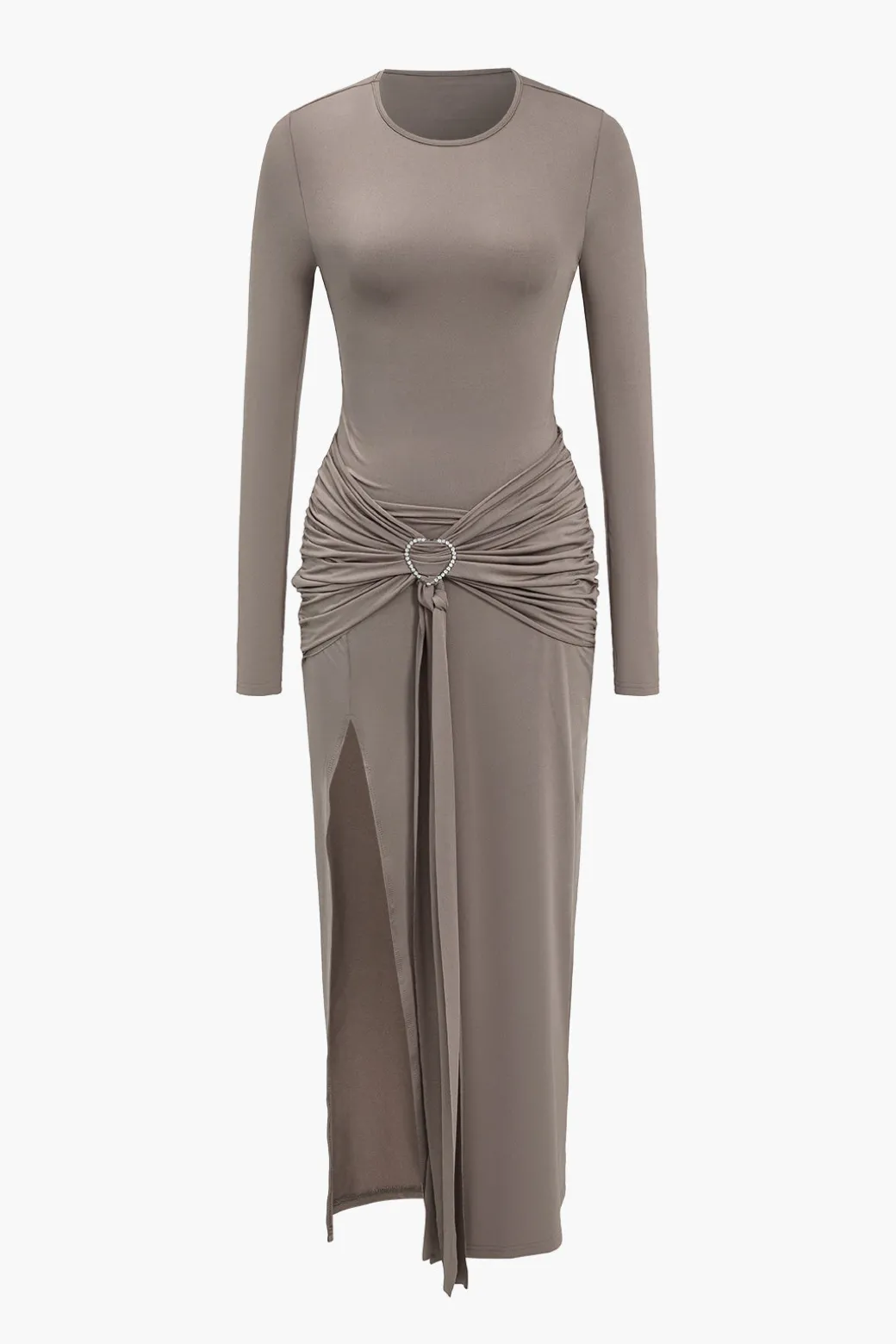 Cheap Solid Heart-Shaped Irregular Slit Long Sleeve Midi Dress Long Sleeve Dresses | Midi Dresses