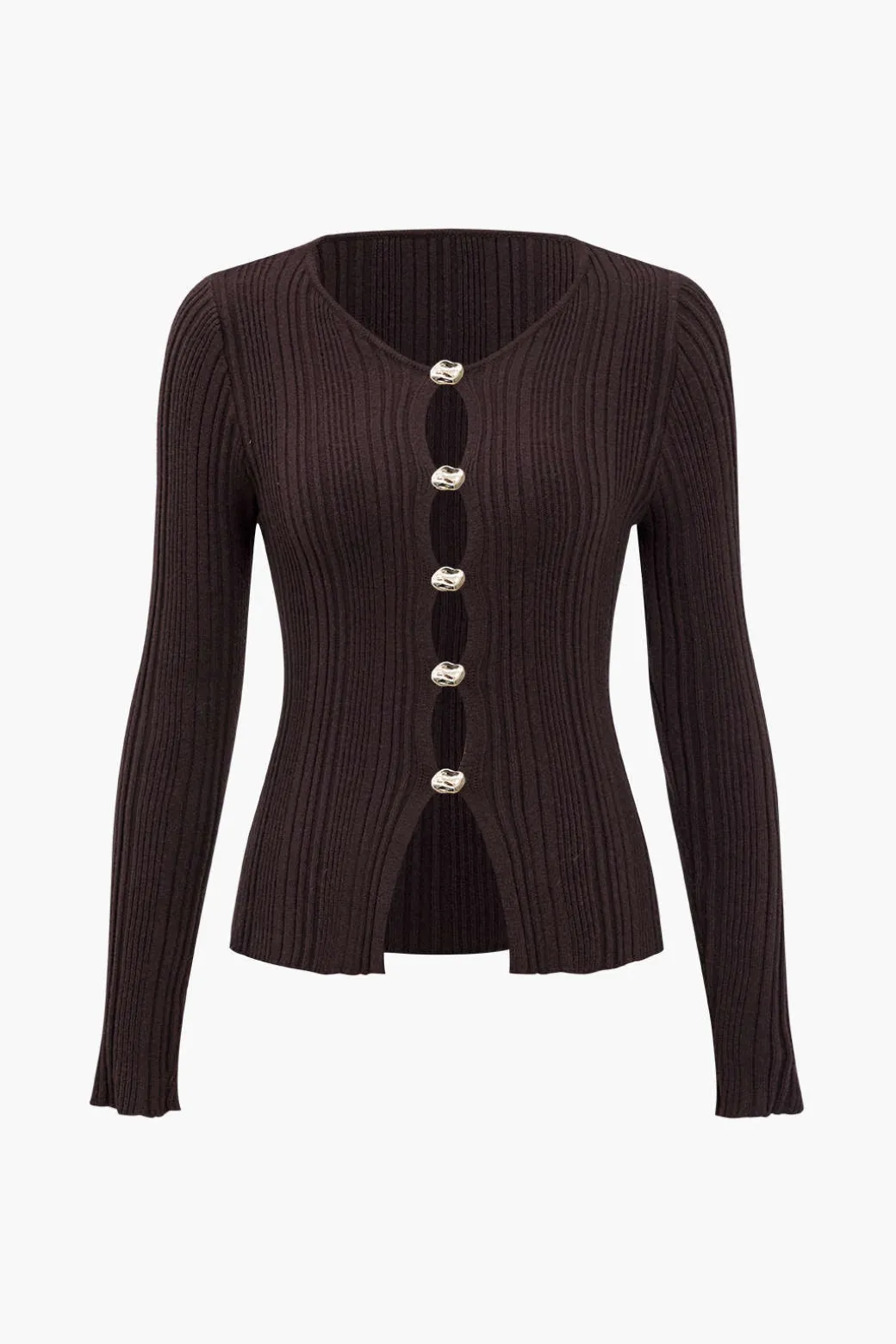 New Solid Knit Button Long-Sleeve Top Knit Tops