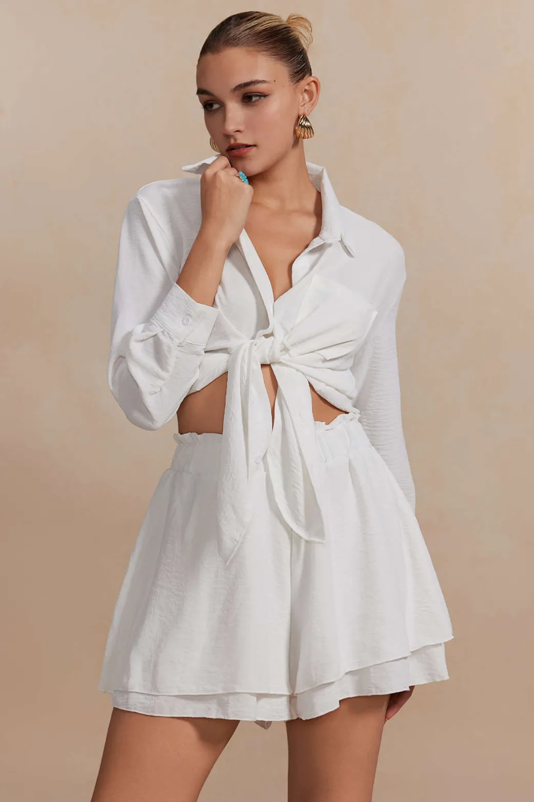 Clearance Solid Long-Sleeve Shirt And Ruffle Short Set Short Sets