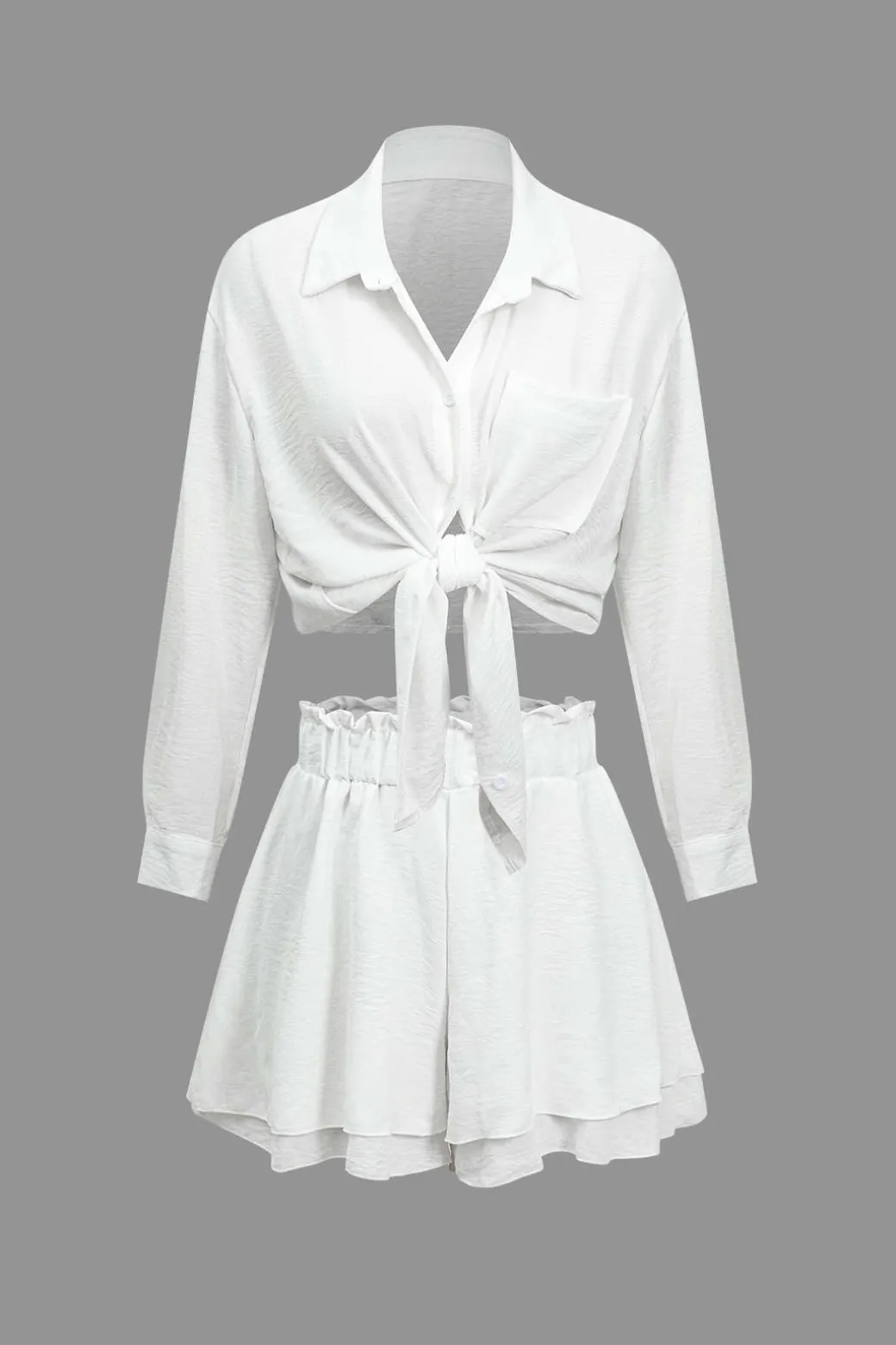 Clearance Solid Long-Sleeve Shirt And Ruffle Short Set Short Sets