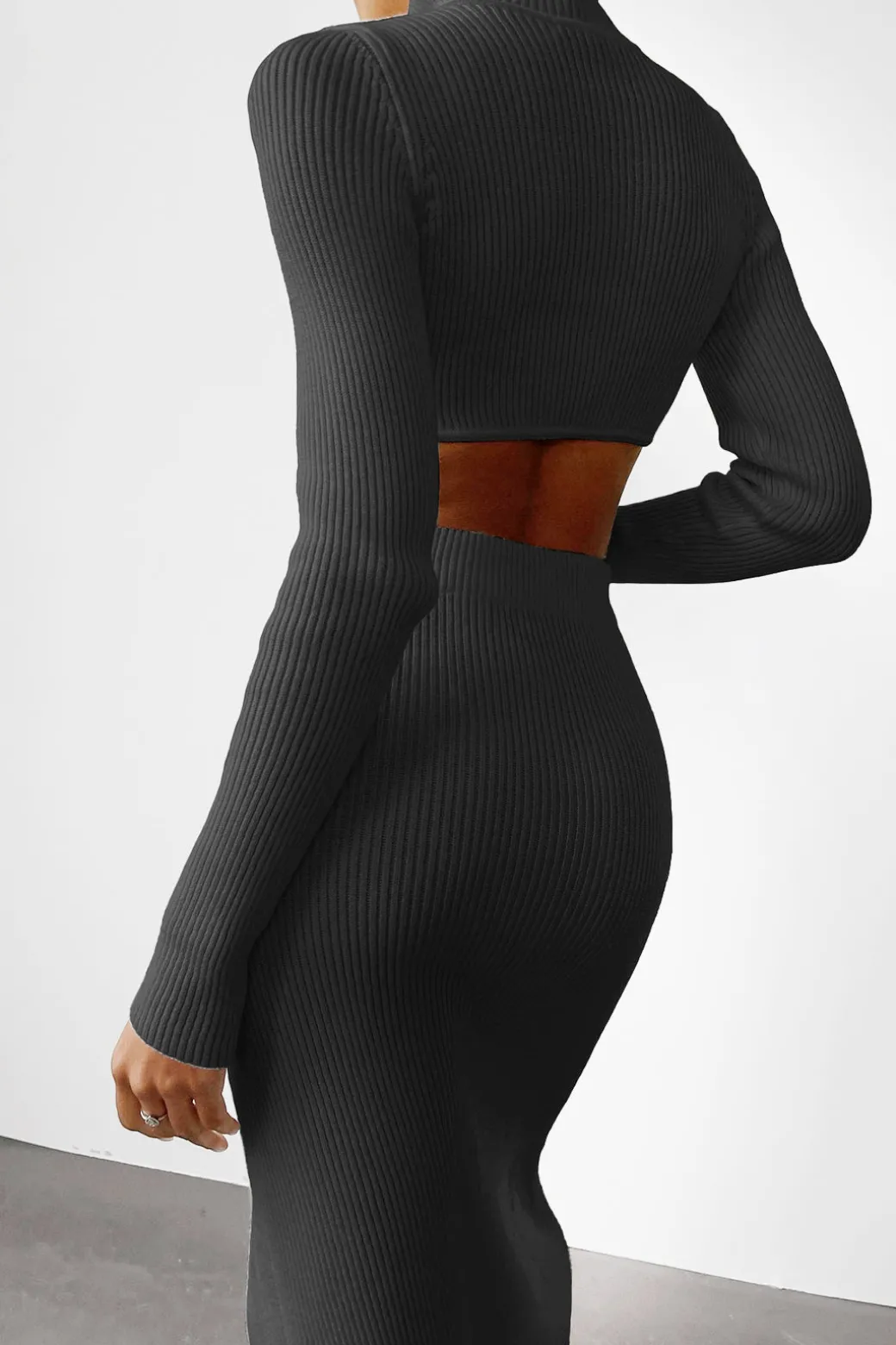 New Solid Mock Neck Ribbed Knit Crop Top And Slit Skirt Set Vacation Sets | Knit Sets