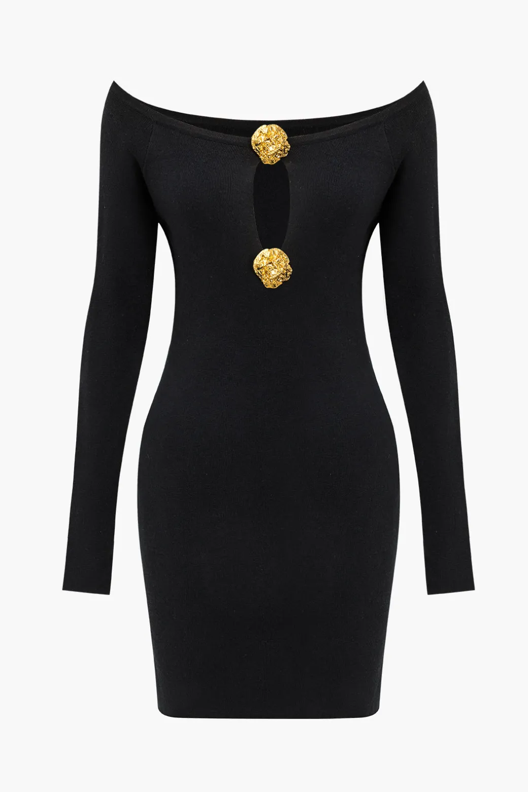 Discount Solid Off Shoulder Button Round Neck Cut Out Mini Dress Long Sleeve Dresses | Mini Dresses