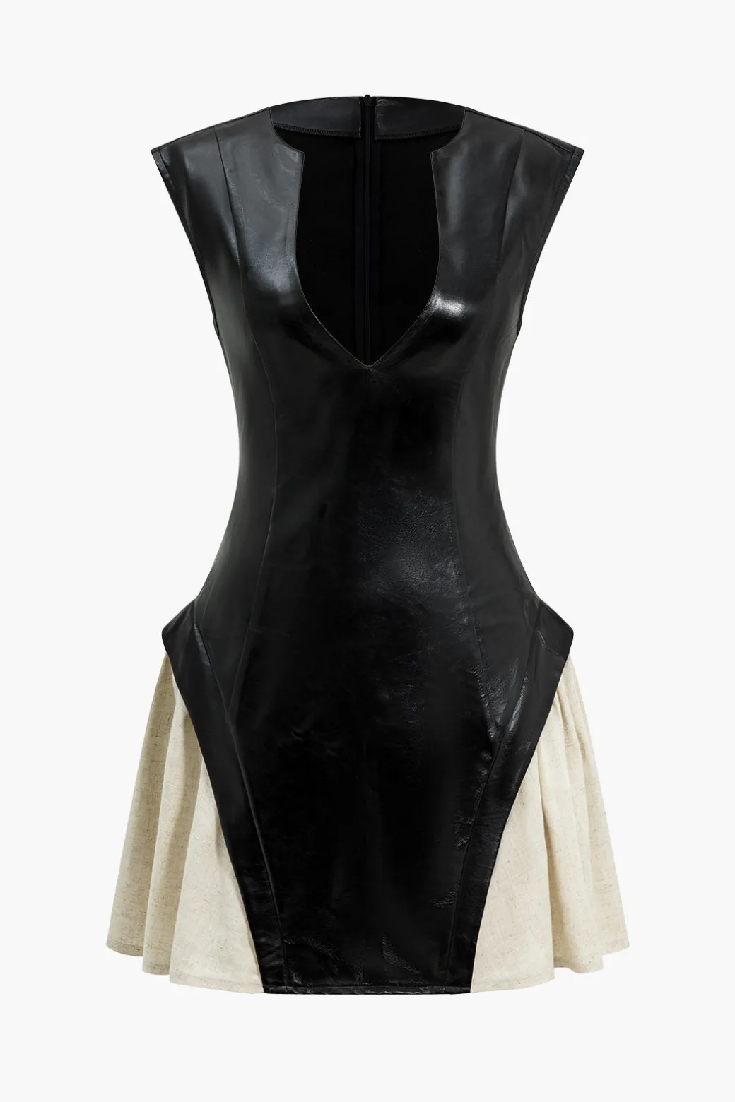 Online Solid Pu Patchwork Ruched Zipper Mini Dress Mini Dresses