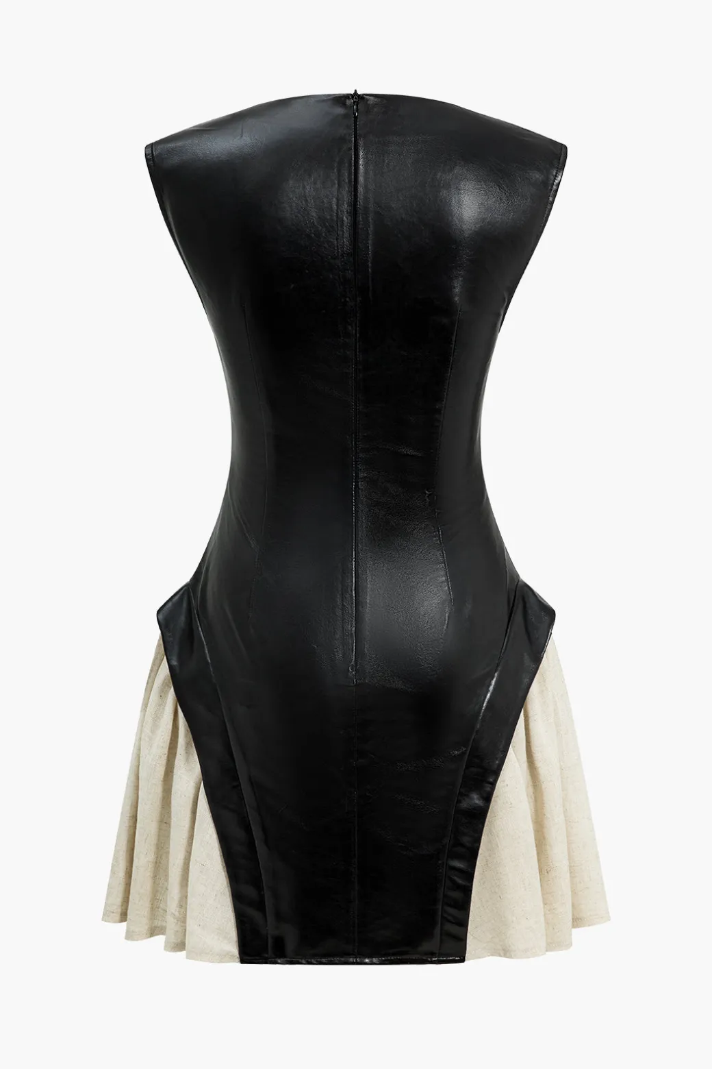 Online Solid Pu Patchwork Ruched Zipper Mini Dress Mini Dresses