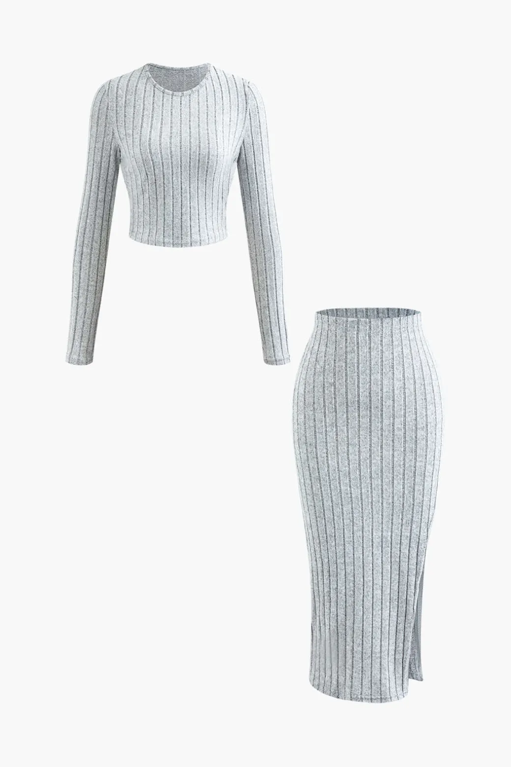 Best Solid Rib Knit Round Neck Long Sleeve Top And Slit Skirt Set Knitwear | Knit Sets