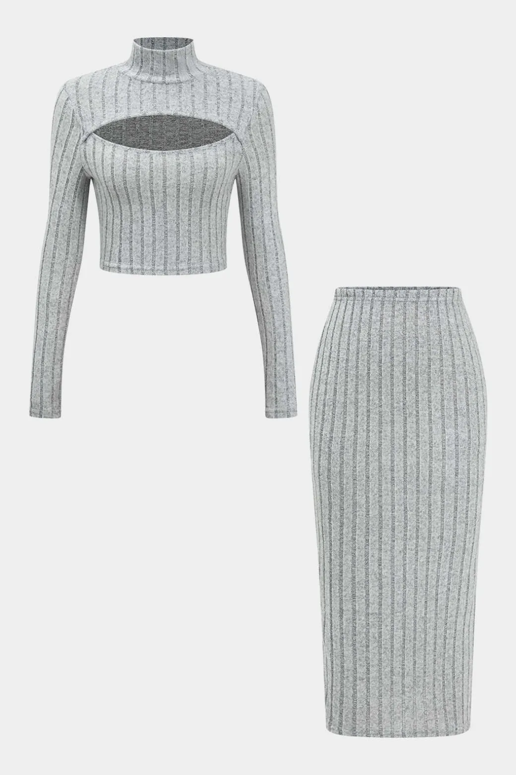 Hot Solid Ribbed Long Sleeve Cut Out Top And Skirt Set Skirt Sets