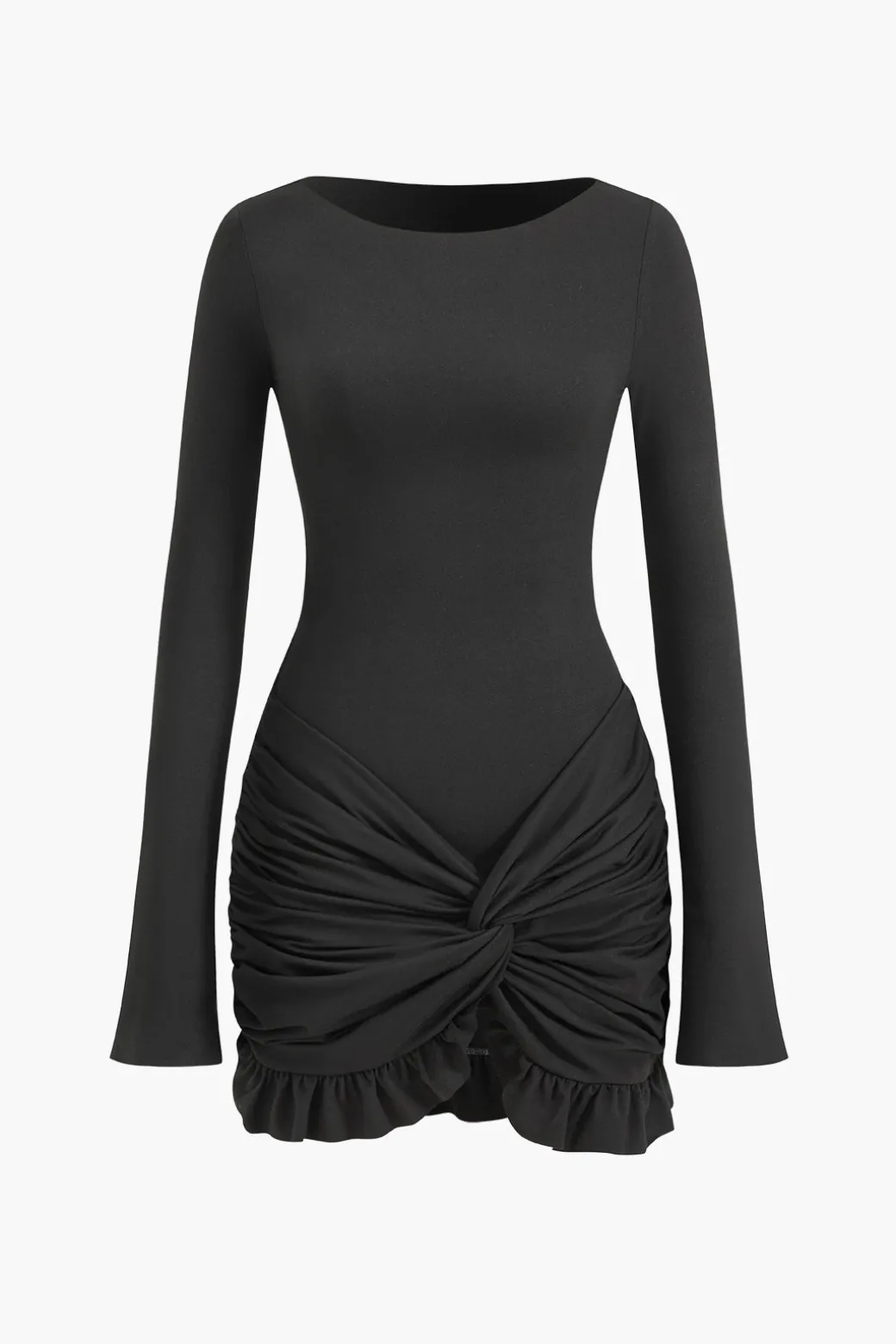 Hot Solid Ruffle Ruched Twist Long Sleeve Mini Dress Long Sleeve Dresses | Mini Dresses