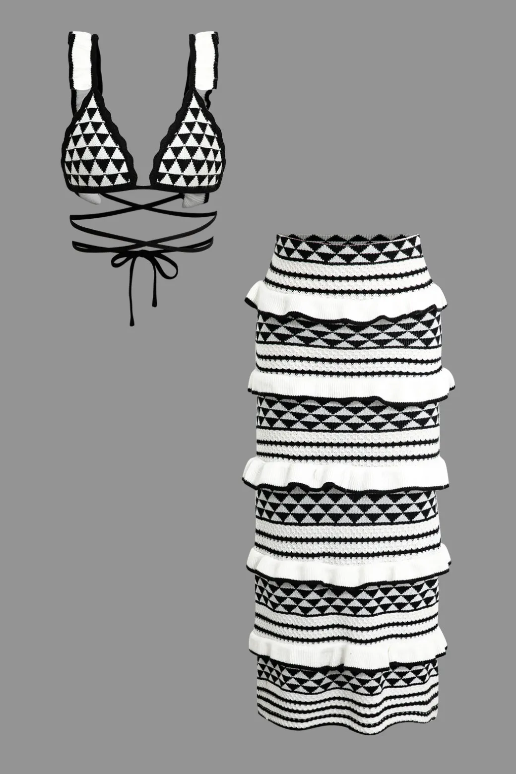 Discount Stripe Tie Bra Top And Tiered Ruffle Knit Midi Skirt Set Knitwear | Knit Sets