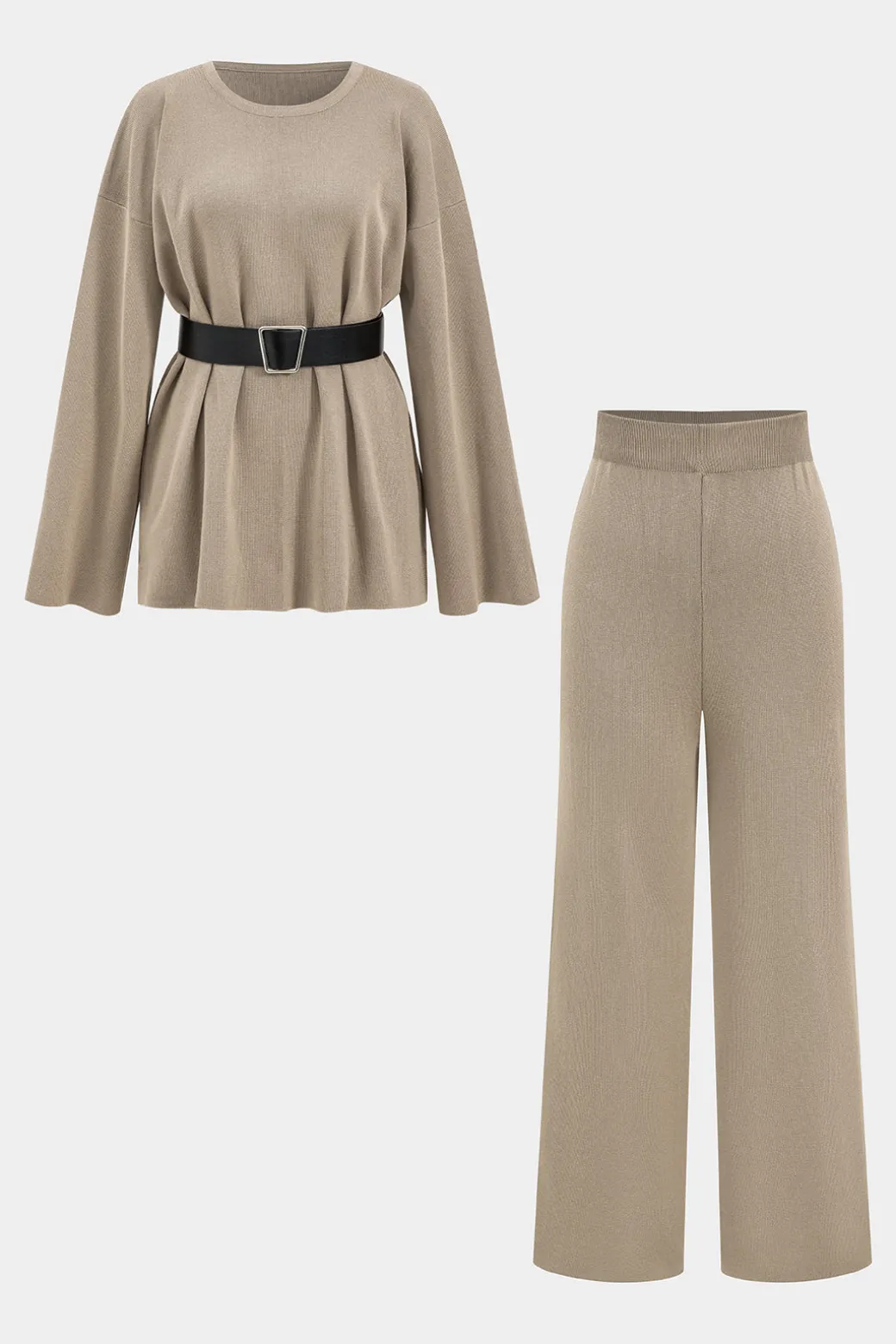 Fashion Sweater Belted Top And Pants Set Knit Sets