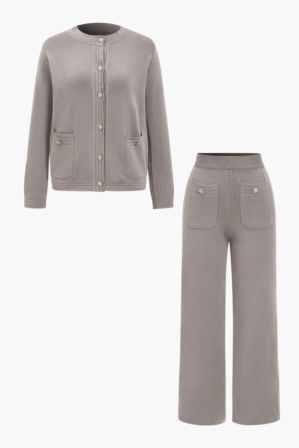 Discount Sweater Button Pocket Round Neck Long-Sleeve Cardigan And Trousers Set Knitwear | Knit Sets
