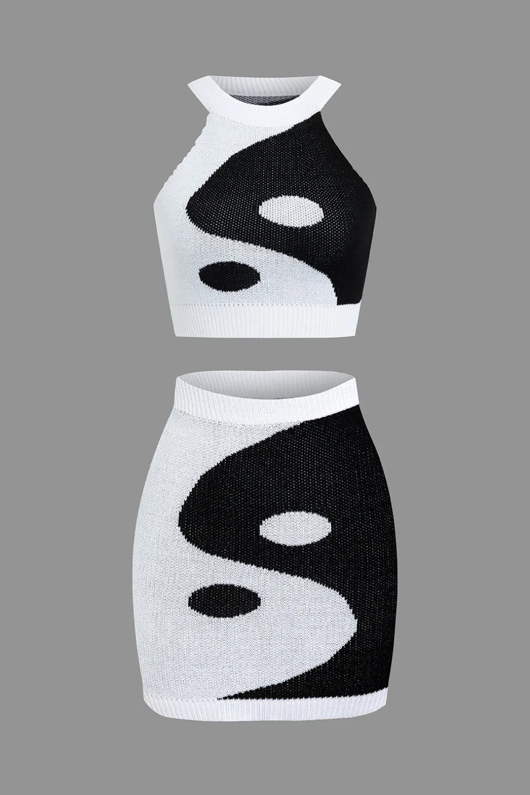 Outlet Tai Chi Print Contrast Crop Knit Top And Mini Skirt Set Knit Sets