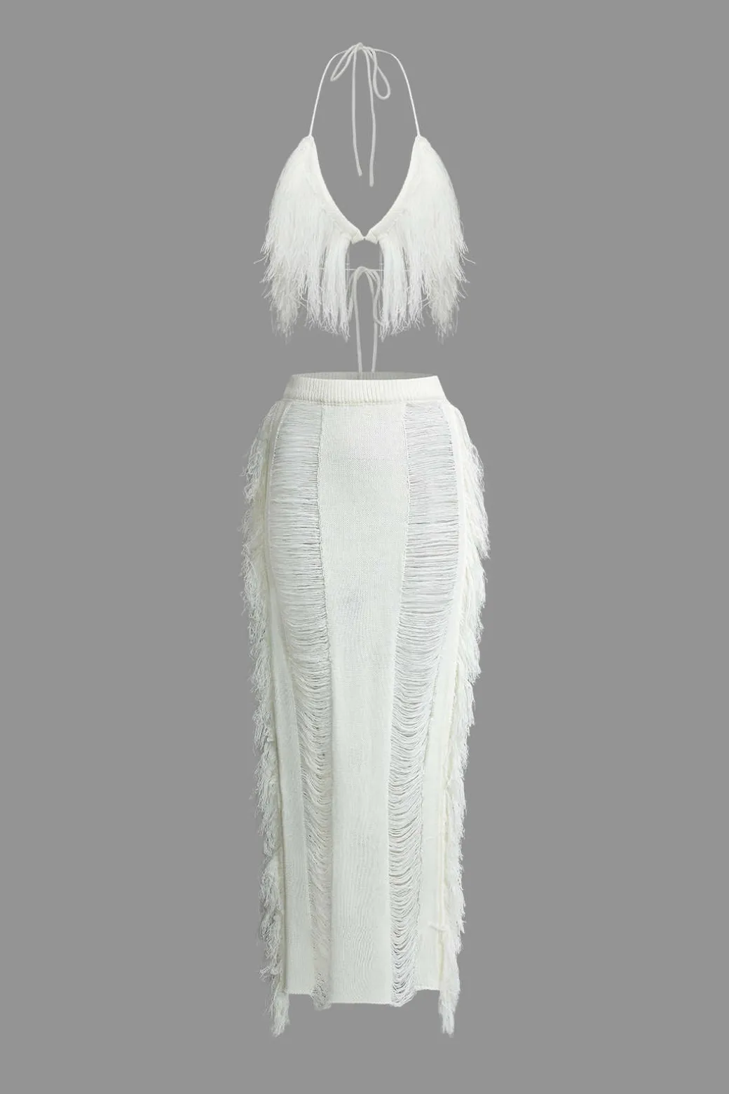 Flash Sale Tassel Tie Halter Knit Bra Top And Distressed Ladder Maxi Skirt Set Vacation Sets | Knit Sets