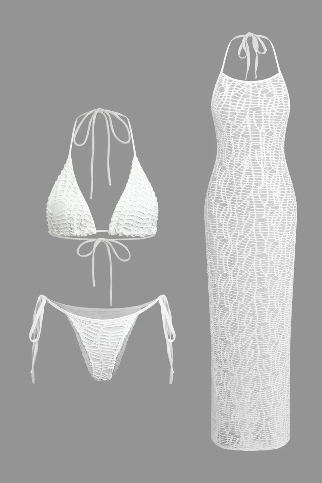 Fashion Textured Halter Neck Bikini And Open Knit Cover Up Set Swimwear | Vacation Sets