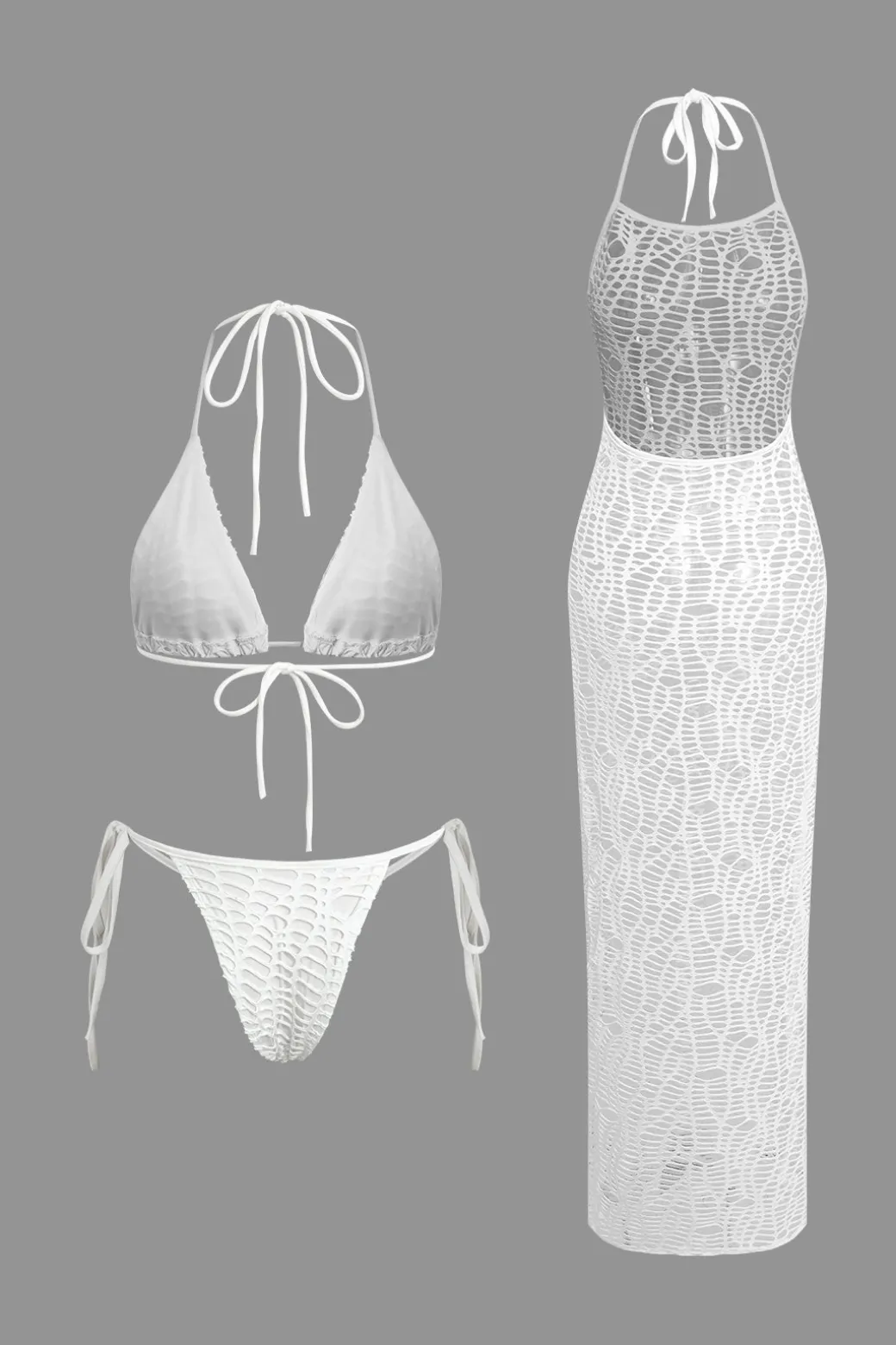 Fashion Textured Halter Neck Bikini And Open Knit Cover Up Set Swimwear | Vacation Sets