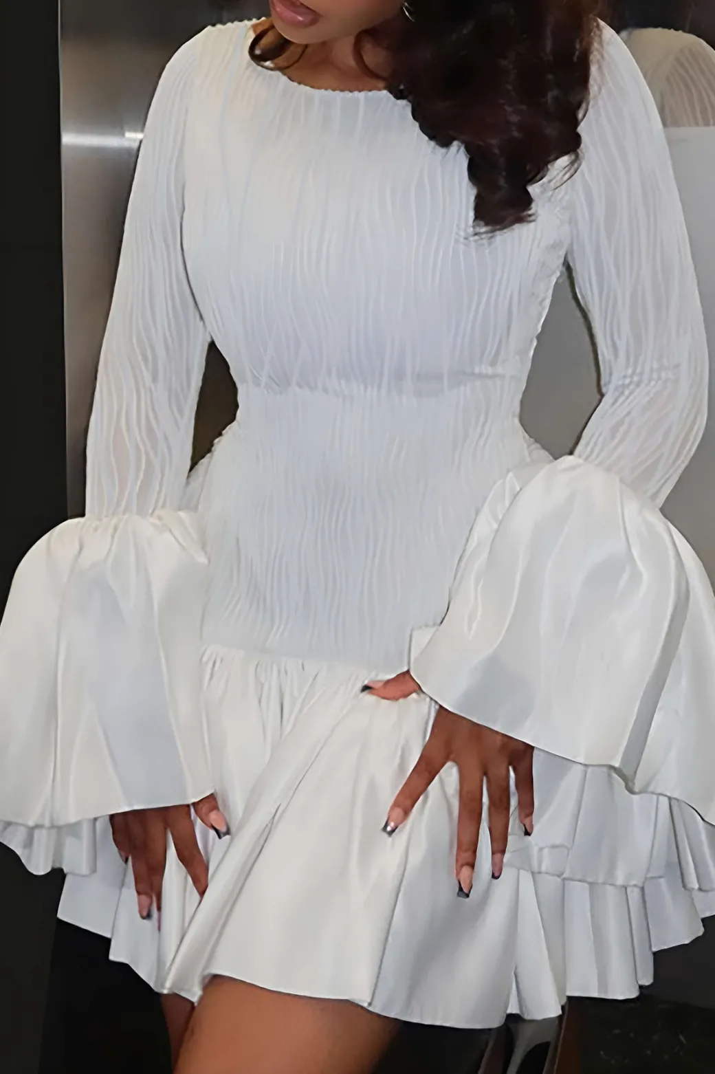 Discount Textured Ruffle Long Sleeve Mini Dress Long Sleeve Dresses | Mini Dresses
