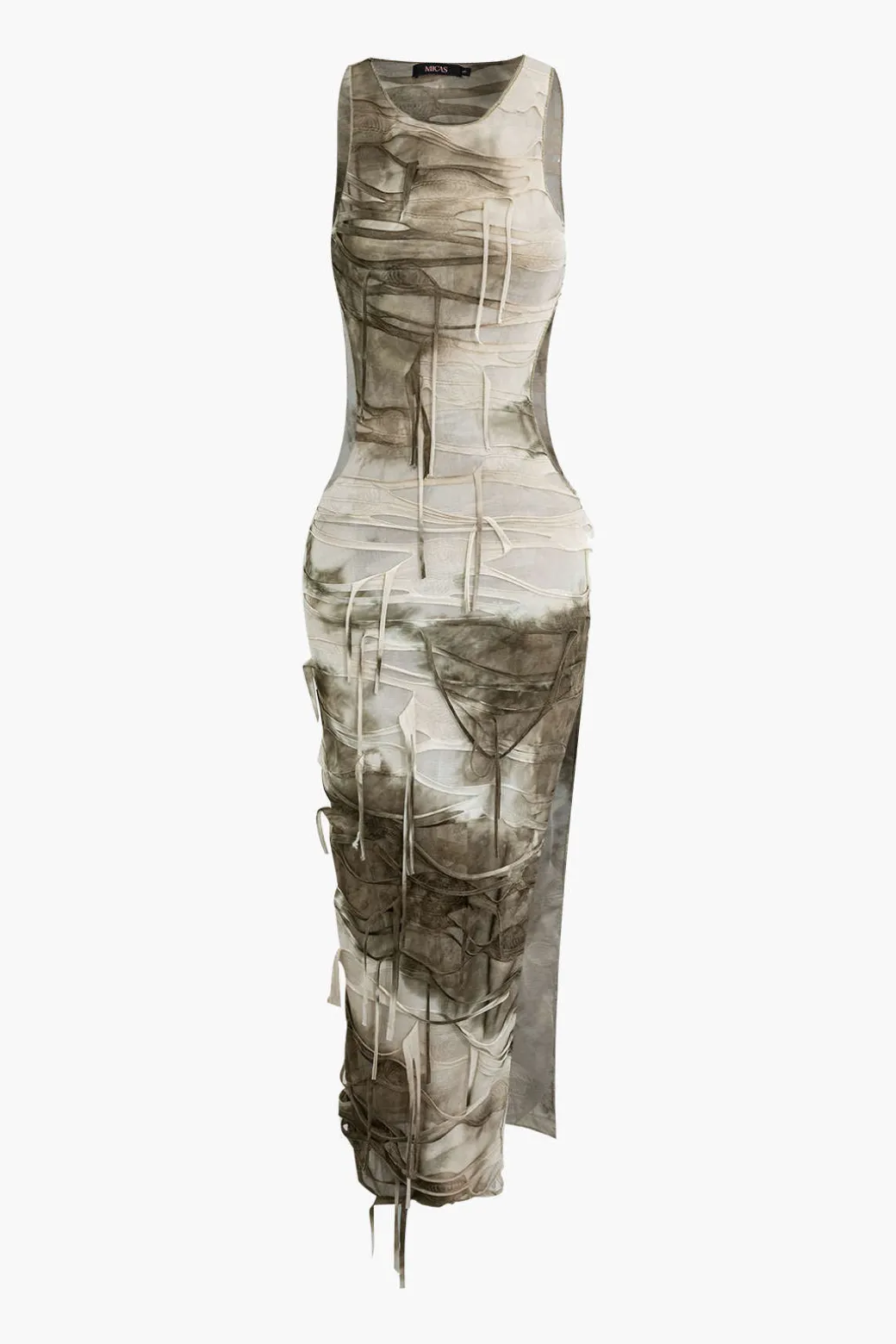 Cheap Tie Dye Distressed Sleeveless Cut Out Slit Maxi Dress Maxi Dresses