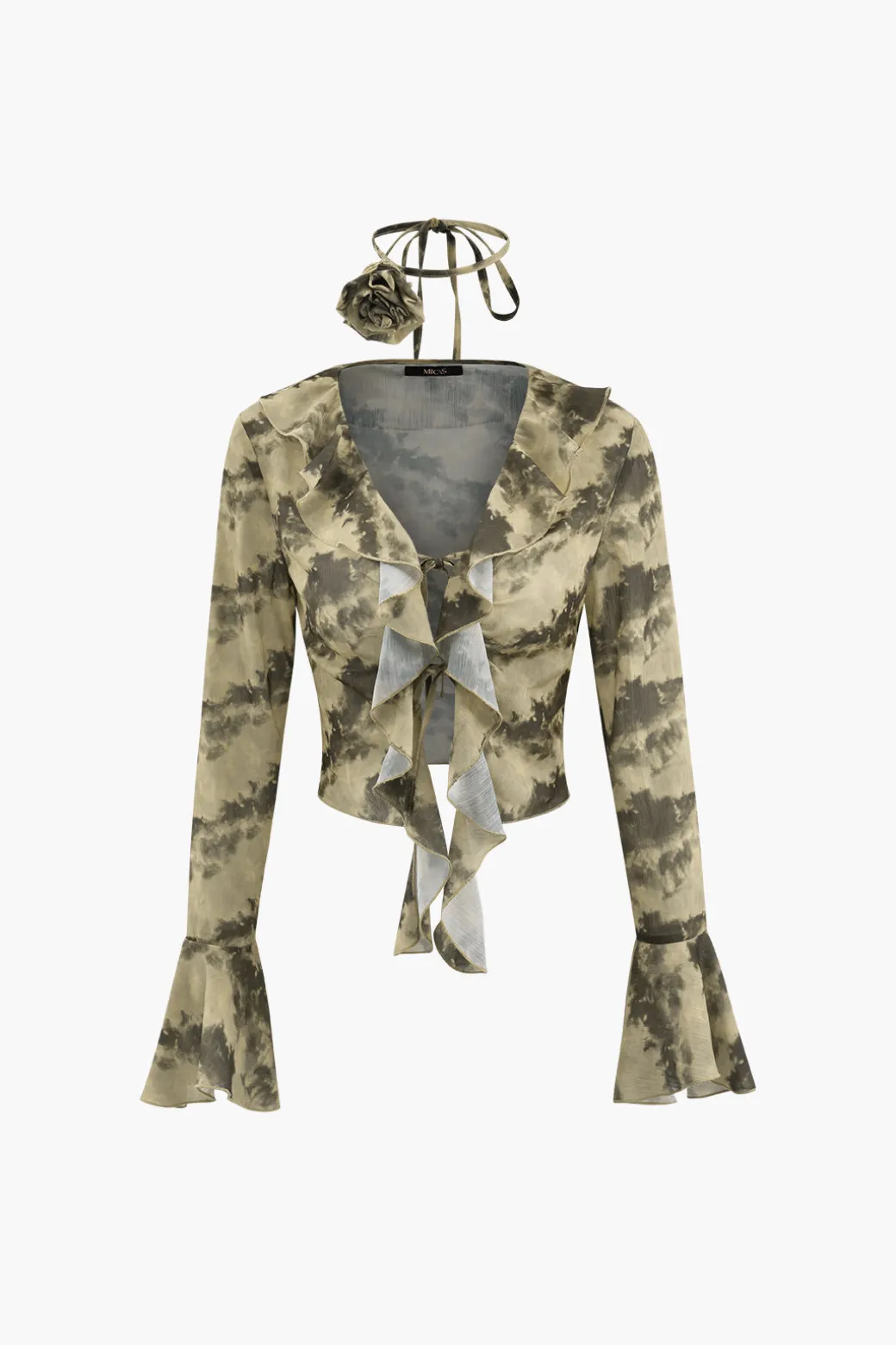 Clearance Tie Dye Flare Sleeve Tie Front Ruffle Top And Rose Choker Long Sleeve Tops | Long Sleeves Tops