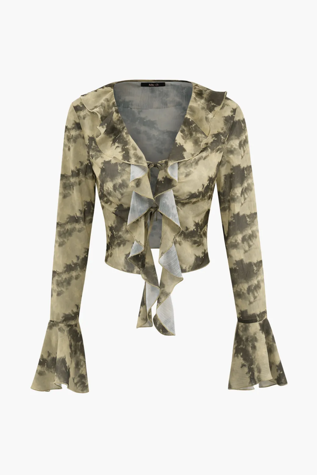 Clearance Tie Dye Flare Sleeve Tie Front Ruffle Top And Rose Choker Long Sleeve Tops | Long Sleeves Tops