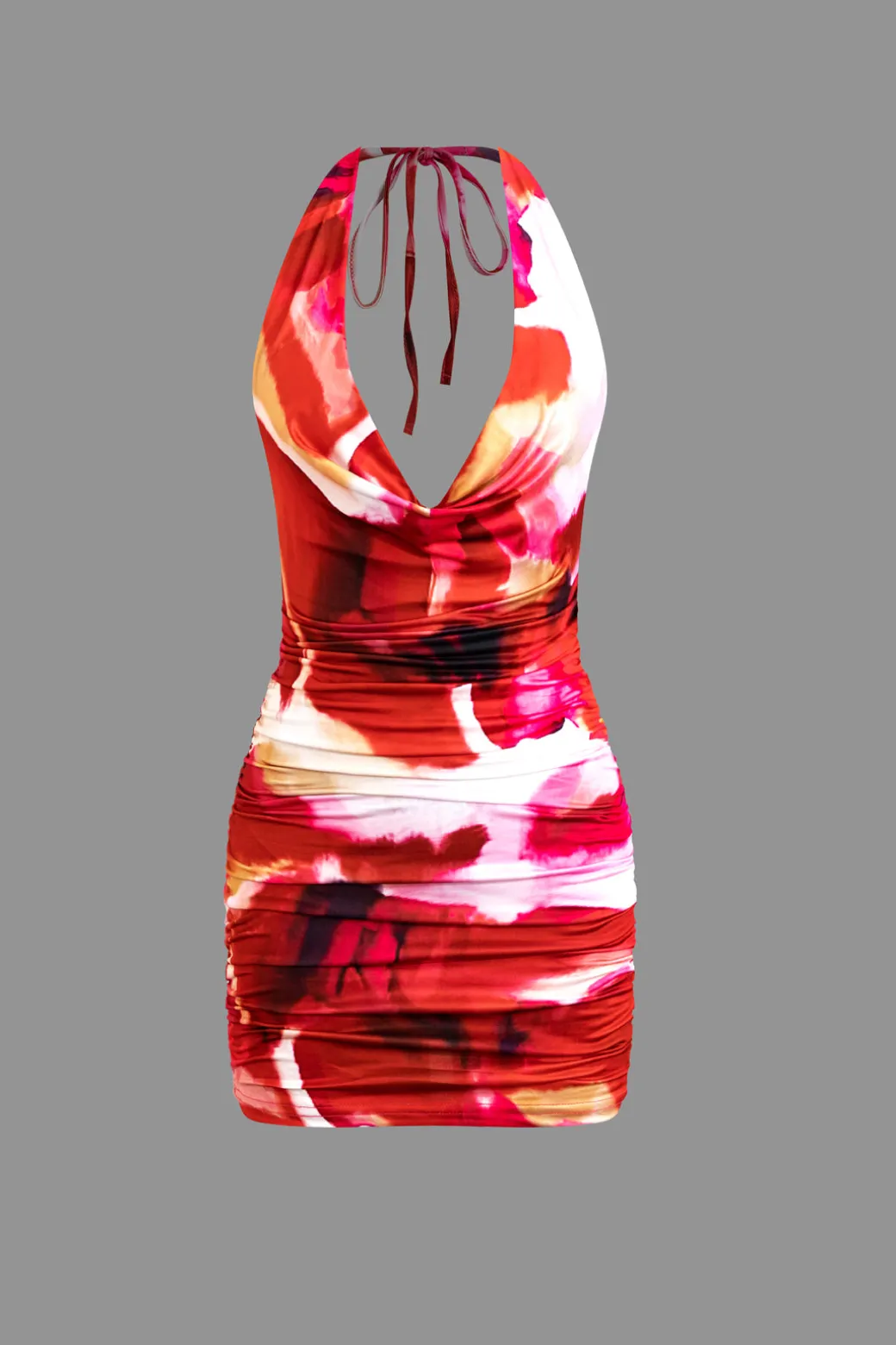 Online Tie Dye Halter Cowl Neck Backless Mini Dress Mini Dresses