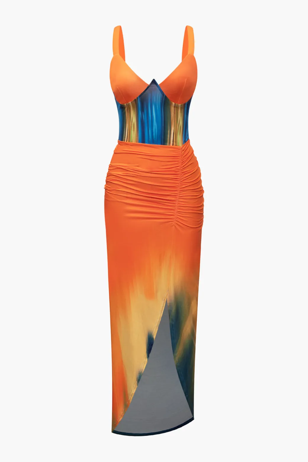 Cheap Tie Dye Print V-neck Ruched Maxi Dress Maxi Dresses