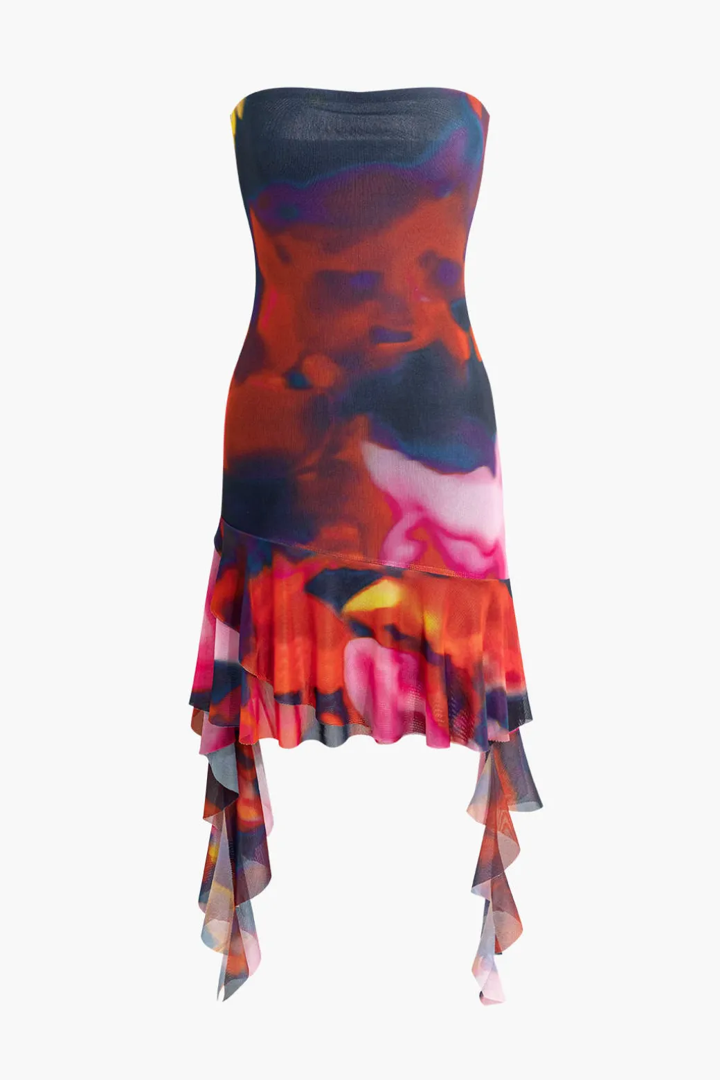 Hot Tie Dye Ruffle Strapless Midi Dress Midi Dresses