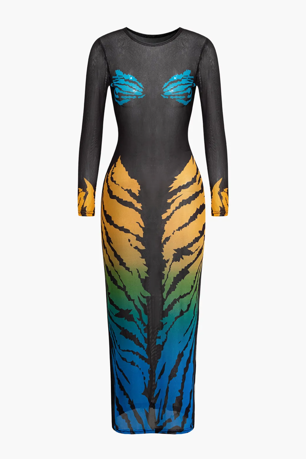 Fashion Tiger Print Mesh Sheer Round Neck Midi Dress Long Sleeve Dresses | Midi Dresses
