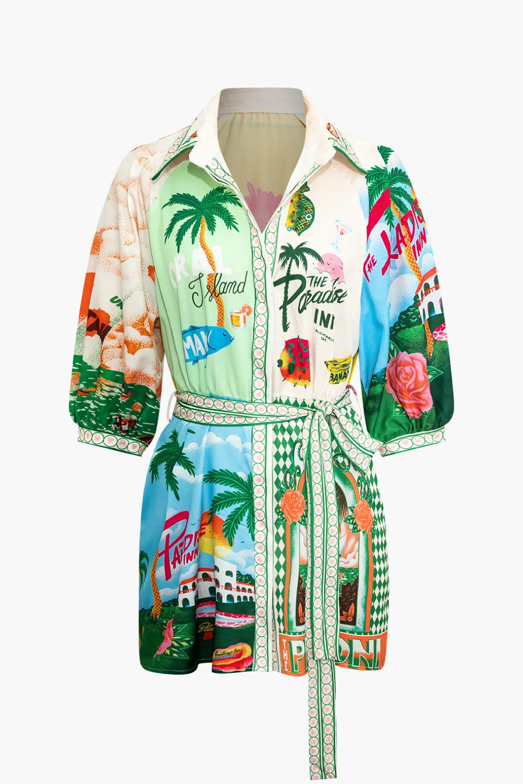 Online Tropical Print Belt Mini Dress Mini Dresses
