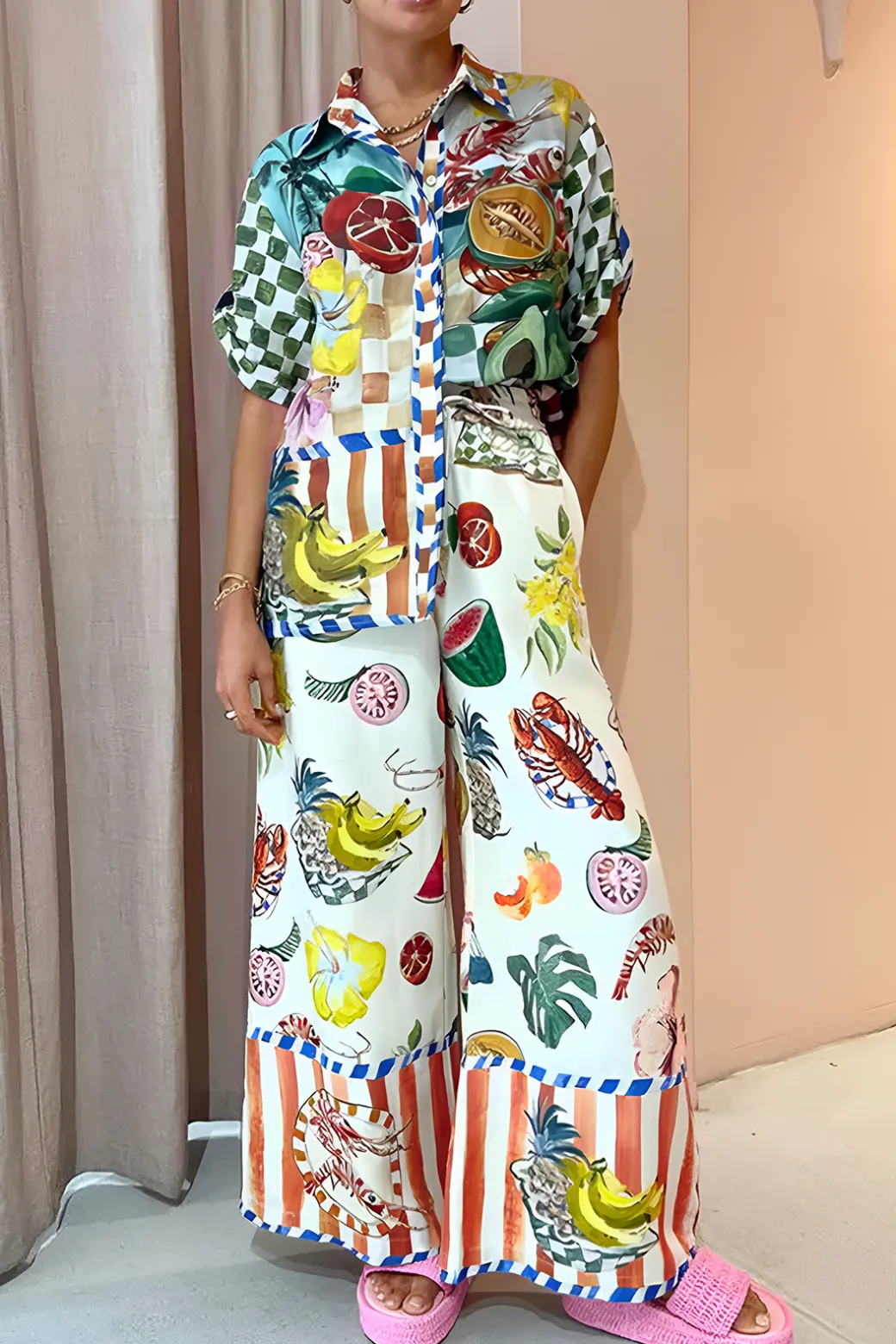 Cheap Tropical Print Drawstring Wide Leg Pants Pants