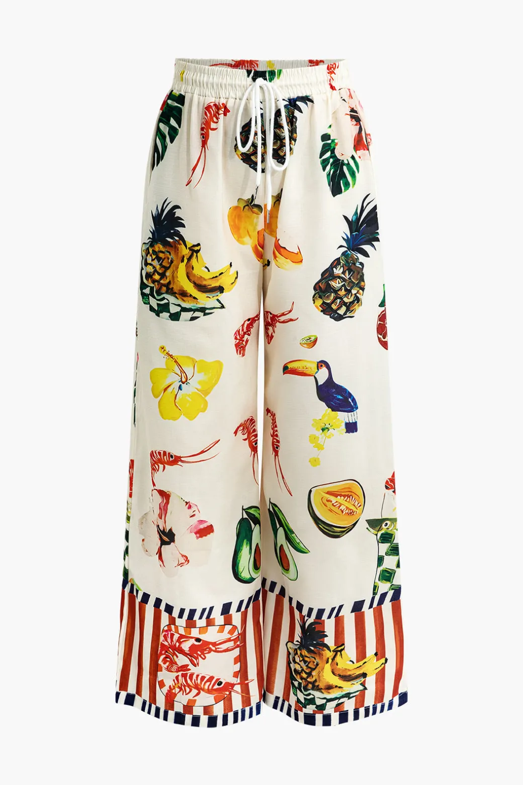 Cheap Tropical Print Drawstring Wide Leg Pants Pants